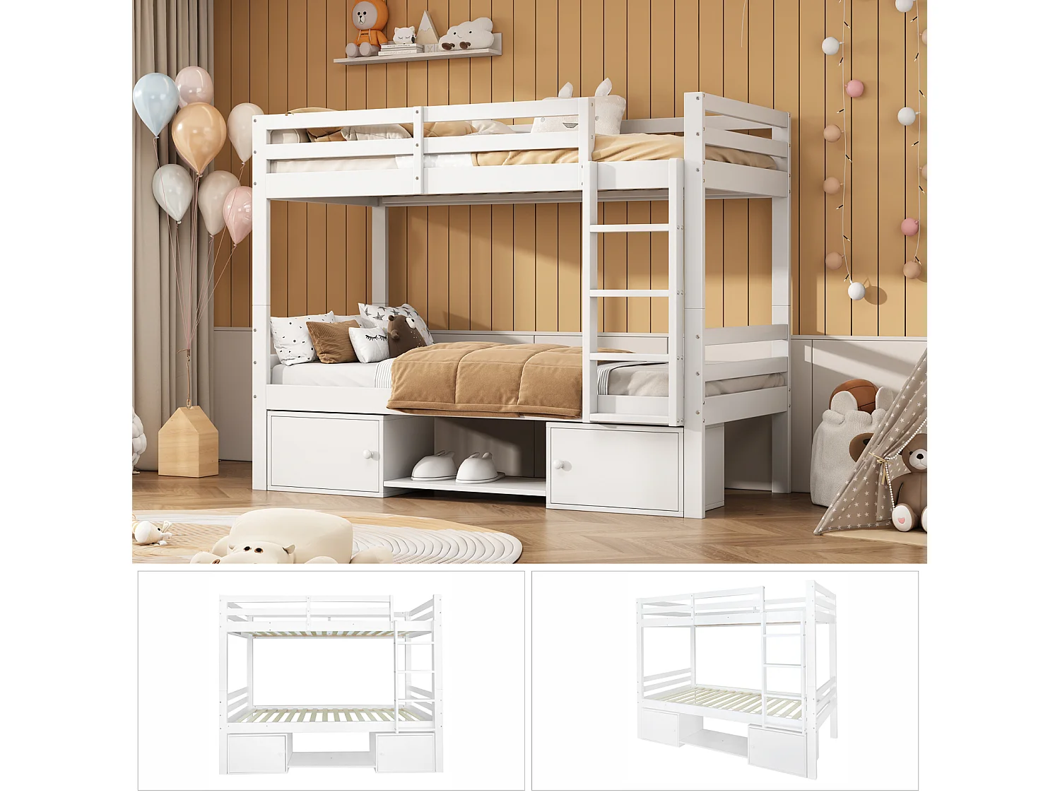 Lit superposé pour enfant, lit enfant avec étagères à chaussures et casiers, lit divisé en 2 lits simples, lit jeune, lit simple, blanc, 90x200cm.