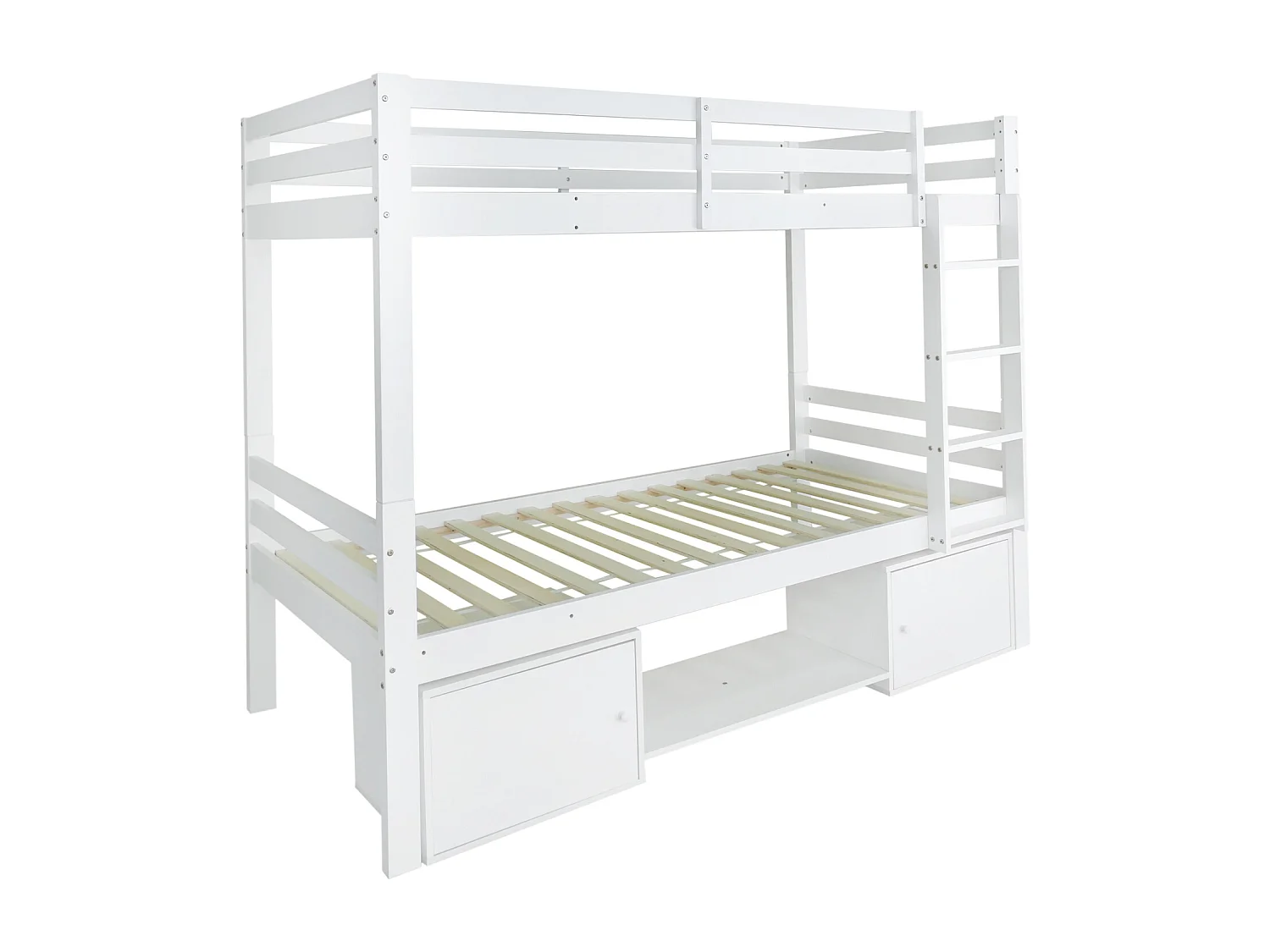 Lit superposé pour enfant, lit enfant avec étagères à chaussures et casiers, lit divisé en 2 lits simples, lit jeune, lit simple, blanc, 90x200cm.