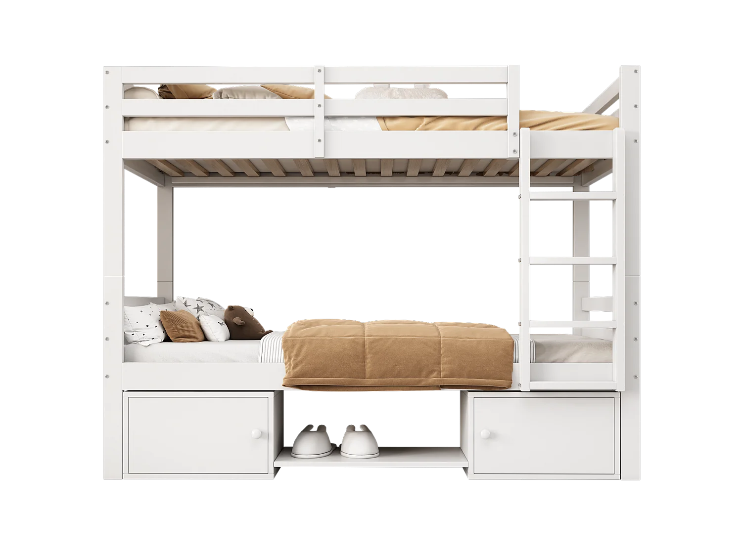 Lit superposé pour enfant, lit enfant avec étagères à chaussures et casiers, lit divisé en 2 lits simples, lit jeune, lit simple, blanc, 90x200cm.