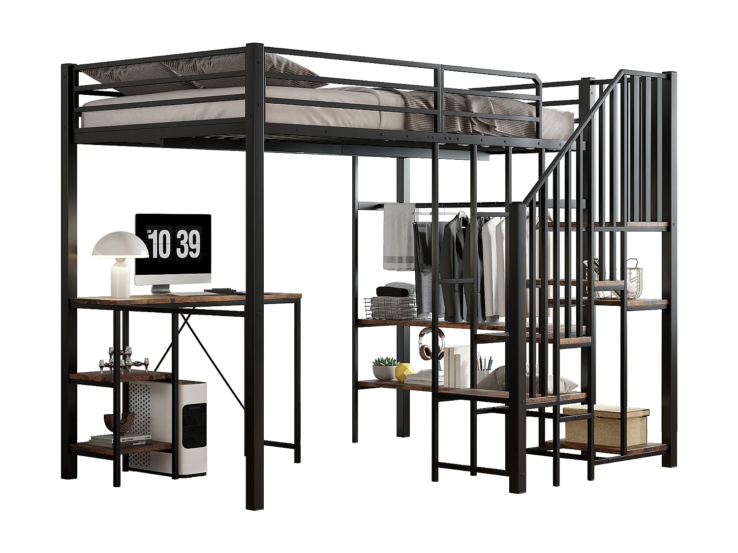 Eck-Etagenbett aus Eisen für Kinder/Jugendliche, mit Leiter, Stauraum, Tisch, Regal und offenem Kleiderschrank. Material: Eisen + MDF, 120 x 200 cm.