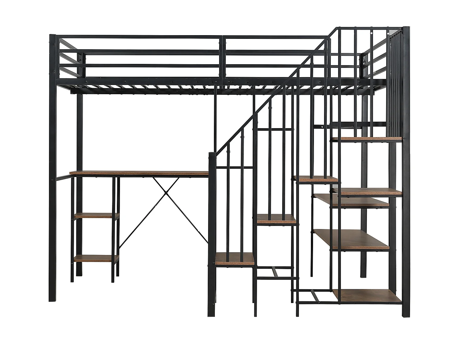Eck-Etagenbett aus Eisen für Kinder/Jugendliche, mit Leiter, Stauraum, Tisch, Regal und offenem Kleiderschrank. Material: Eisen + MDF, 120 x 200 cm.
