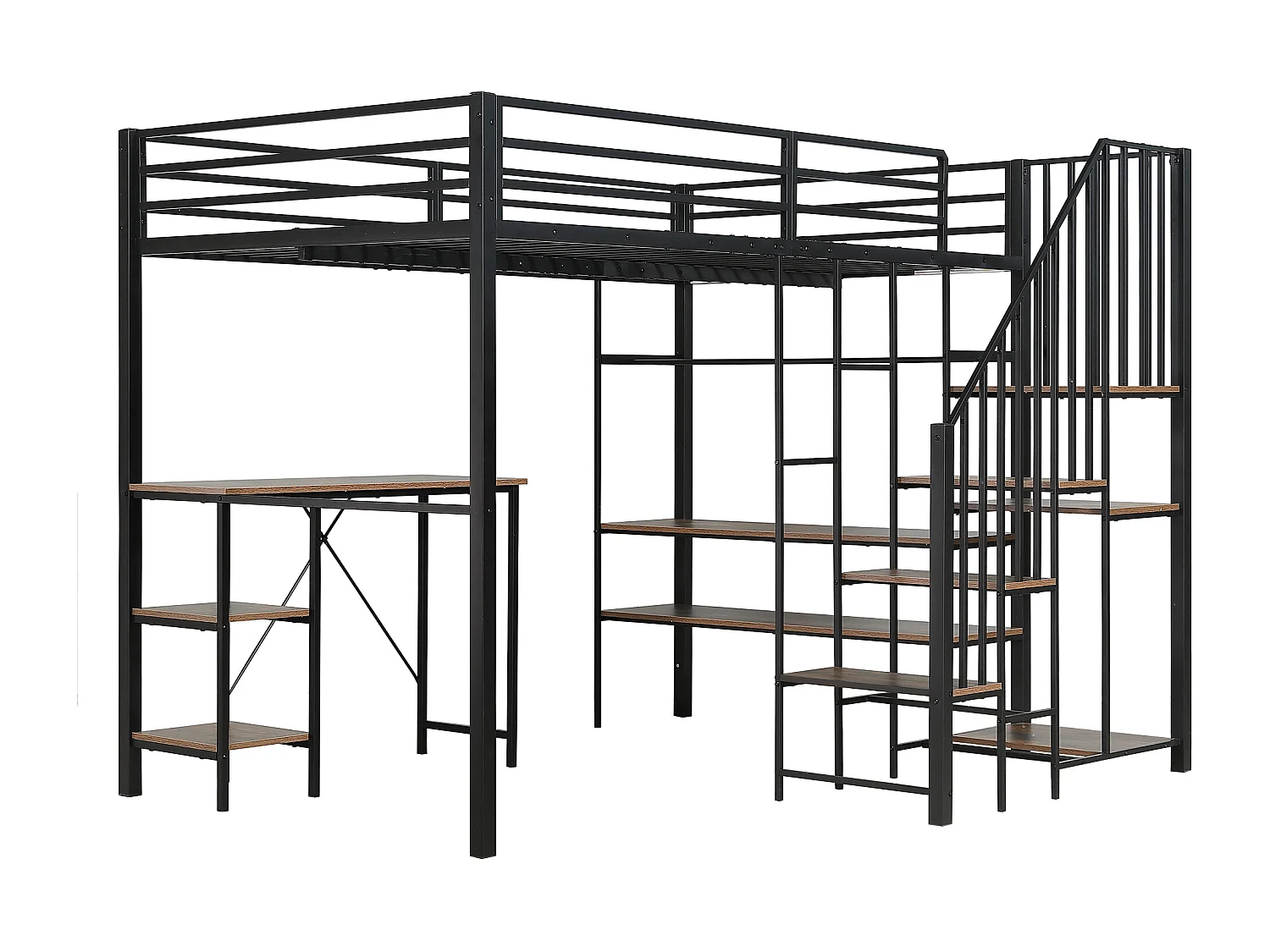 Eck-Etagenbett aus Eisen für Kinder/Jugendliche, mit Leiter, Stauraum, Tisch, Regal und offenem Kleiderschrank. Material: Eisen + MDF, 120 x 200 cm.