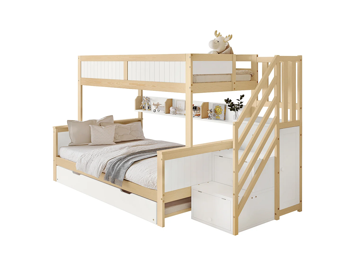 Lit superposé enfant, barrière de sécurité, protection, 3 positions, lit gigogne, armoire, échelle d'angle, pin + MDF, blanc + naturel, 90x200/190/120cm