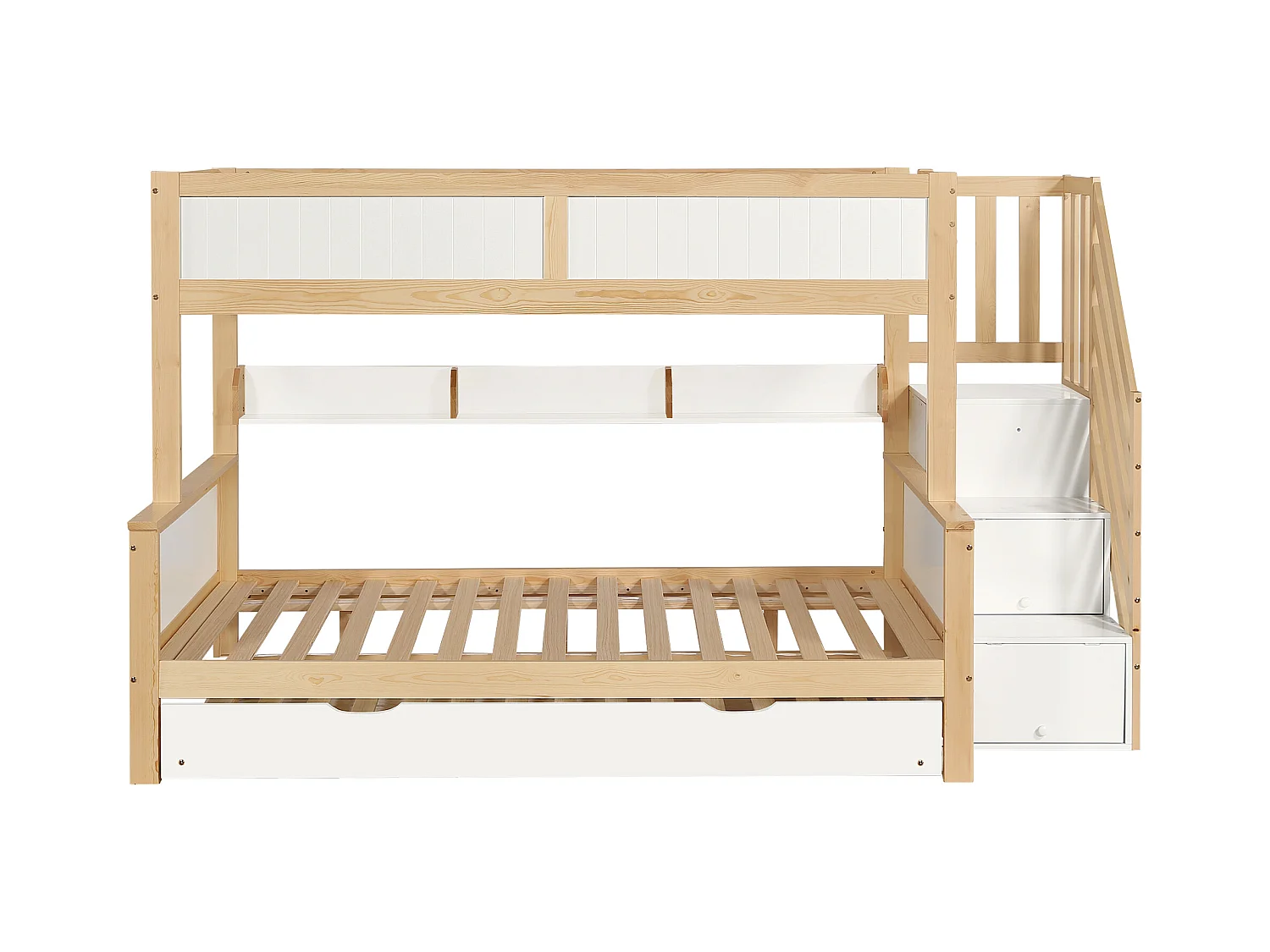 Lit superposé enfant, barrière de sécurité, protection, 3 positions, lit gigogne, armoire, échelle d'angle, pin + MDF, blanc + naturel, 90x200/190/120cm