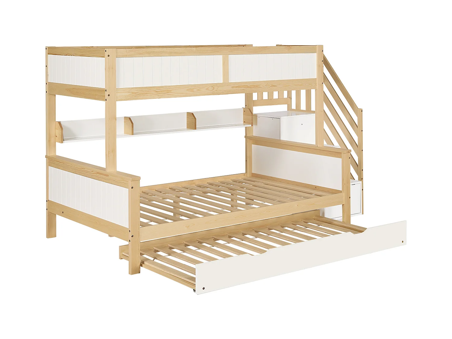 Lit superposé enfant, barrière de sécurité, protection, 3 positions, lit gigogne, armoire, échelle d'angle, pin + MDF, blanc + naturel, 90x200/190/120cm