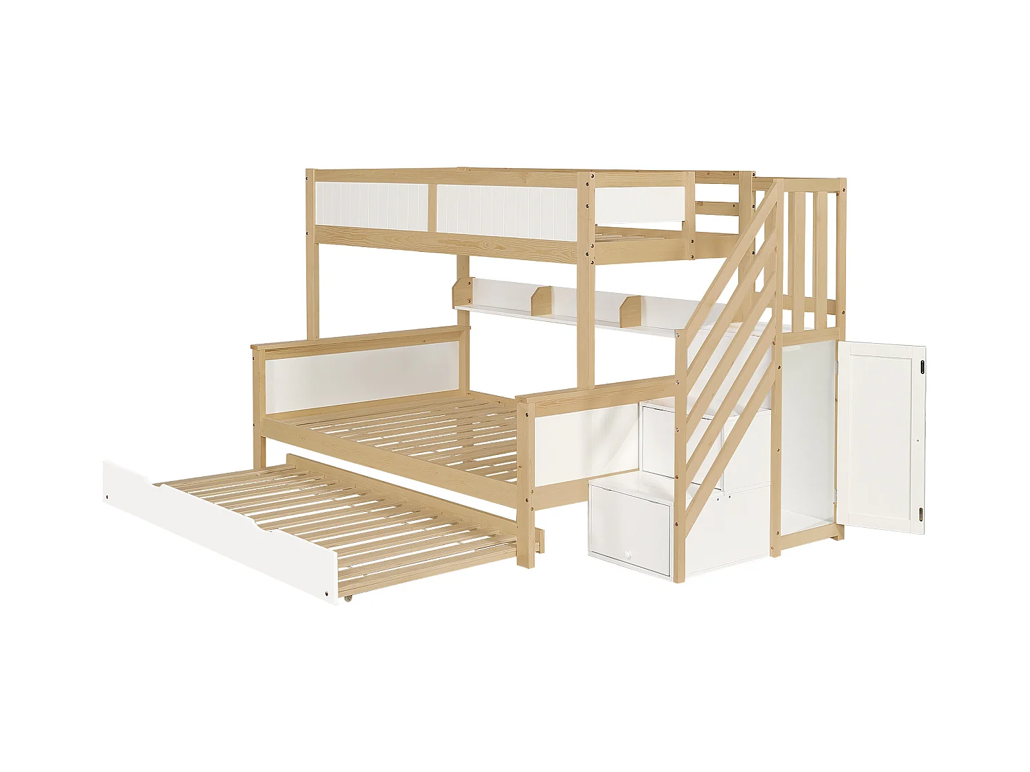 Lit superposé enfant, barrière de sécurité, protection, 3 positions, lit gigogne, armoire, échelle d'angle, pin + MDF, blanc + naturel, 90x200/190/120cm