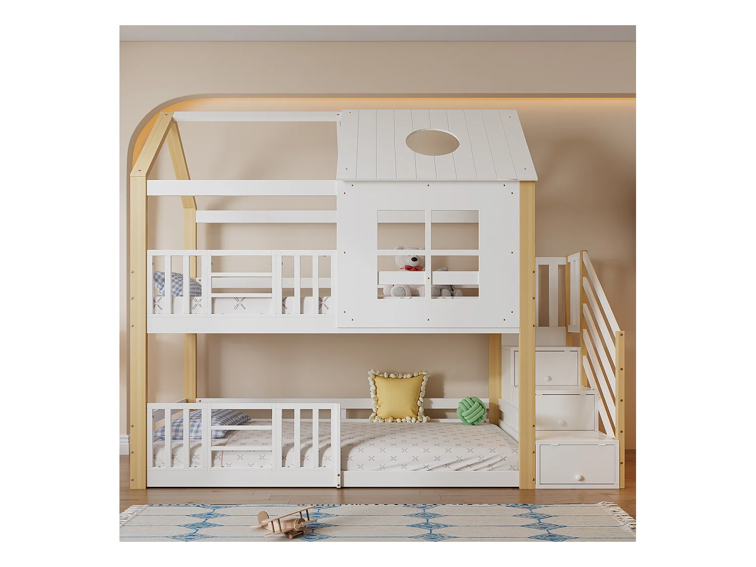 Lit superposé avec échelle, lit maison, lit enfant, avec porte de sécurité, avec fenêtre et toit, pin + MDF, blanc + naturel, 90x200cm