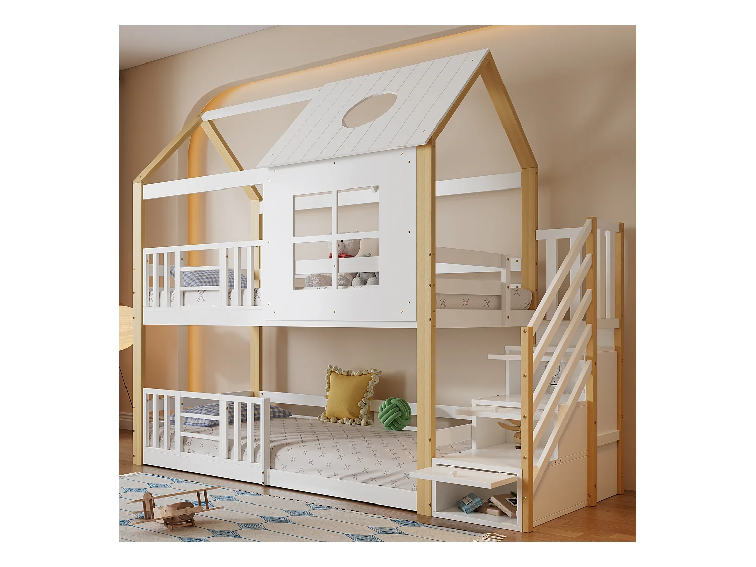 Lit superposé avec échelle, lit maison, lit enfant, avec porte de sécurité, avec fenêtre et toit, pin + MDF, blanc + naturel, 90x200cm