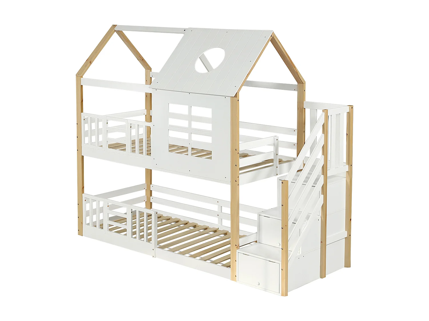 Lit superposé avec échelle, lit maison, lit enfant, avec porte de sécurité, avec fenêtre et toit, pin + MDF, blanc + naturel, 90x200cm