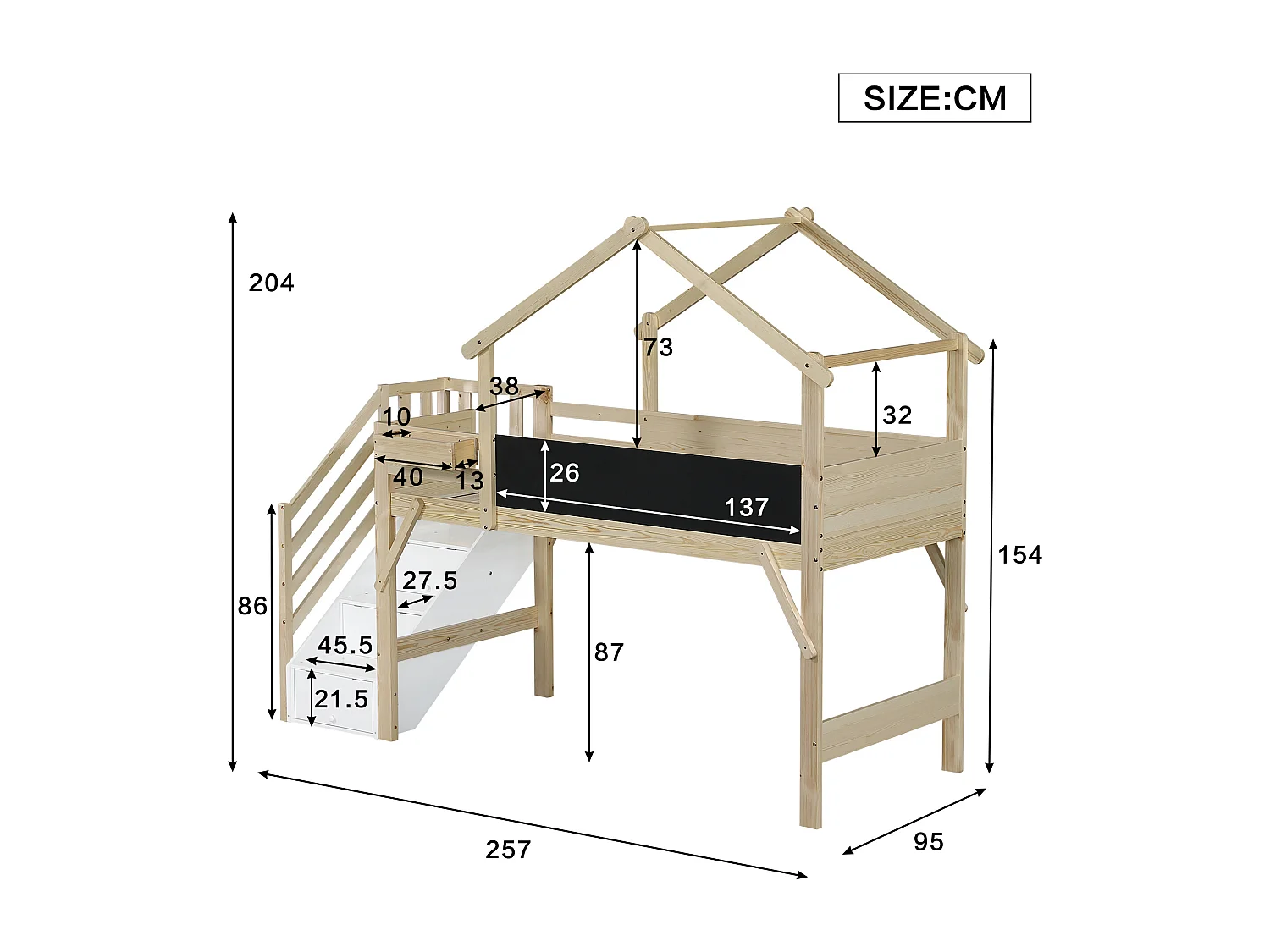 Beliche infantil, grade+portão, telhado exclusivo, quadro pintável, 3 armários, pinho+MDF+compensado, branco+natural, 90x200cm
