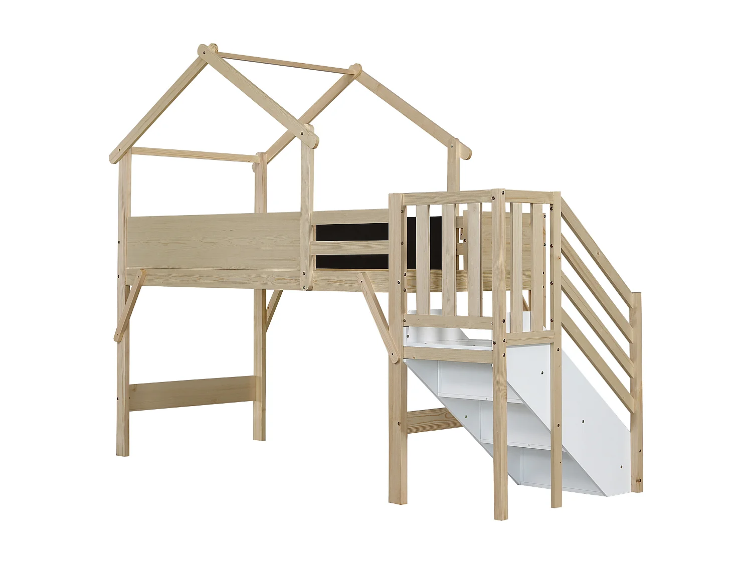 Beliche infantil, grade+portão, telhado exclusivo, quadro pintável, 3 armários, pinho+MDF+compensado, branco+natural, 90x200cm