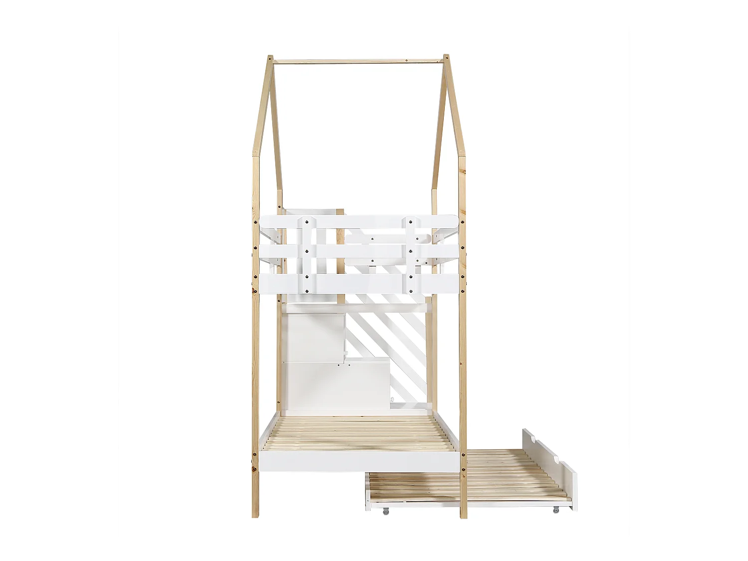 Lit superposé avec cabane dans les arbres, lit coulissant, échelle, 3 tiroirs, garde-corps, sommier à lattes, naturel + blanc, 90x200/190cm