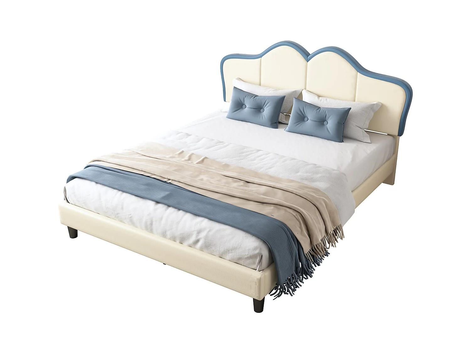 Lit rembourré, bords souples, pieds stables, tête de lit, double, PU, blanc + bleu, 140x200cm