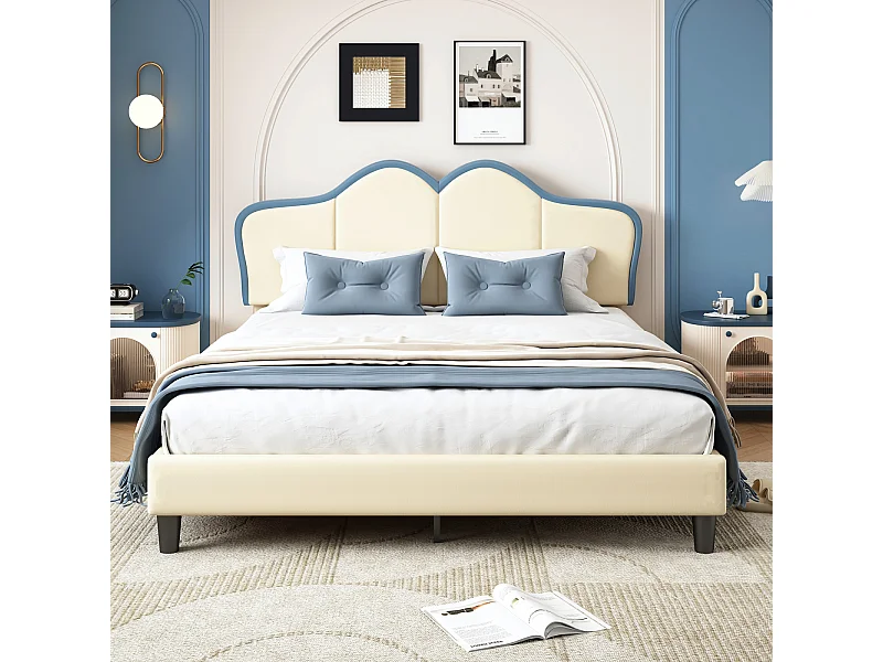 Gestoffeerd bed, zachte randen, stabiele poten, hoofdbord, tweepersoonsbed, PU, wit + blauw, 140x200cm