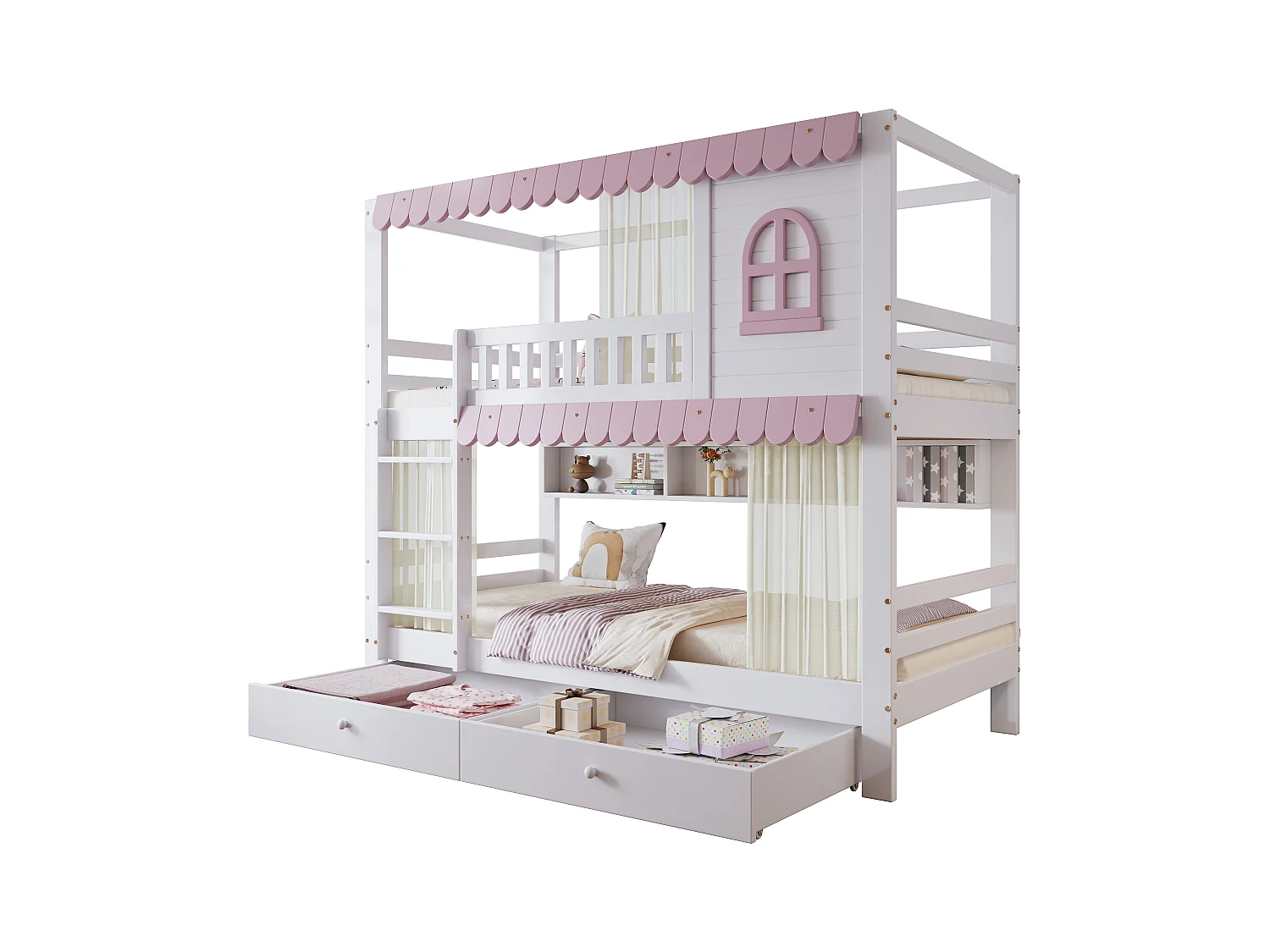 Lit superposé enfant, fenêtres, rideaux, porte de sécurité, étagère, garde-corps, 2 tiroirs sur roulettes, rangement, pin + MDF, blanc + rose, 90x200cm