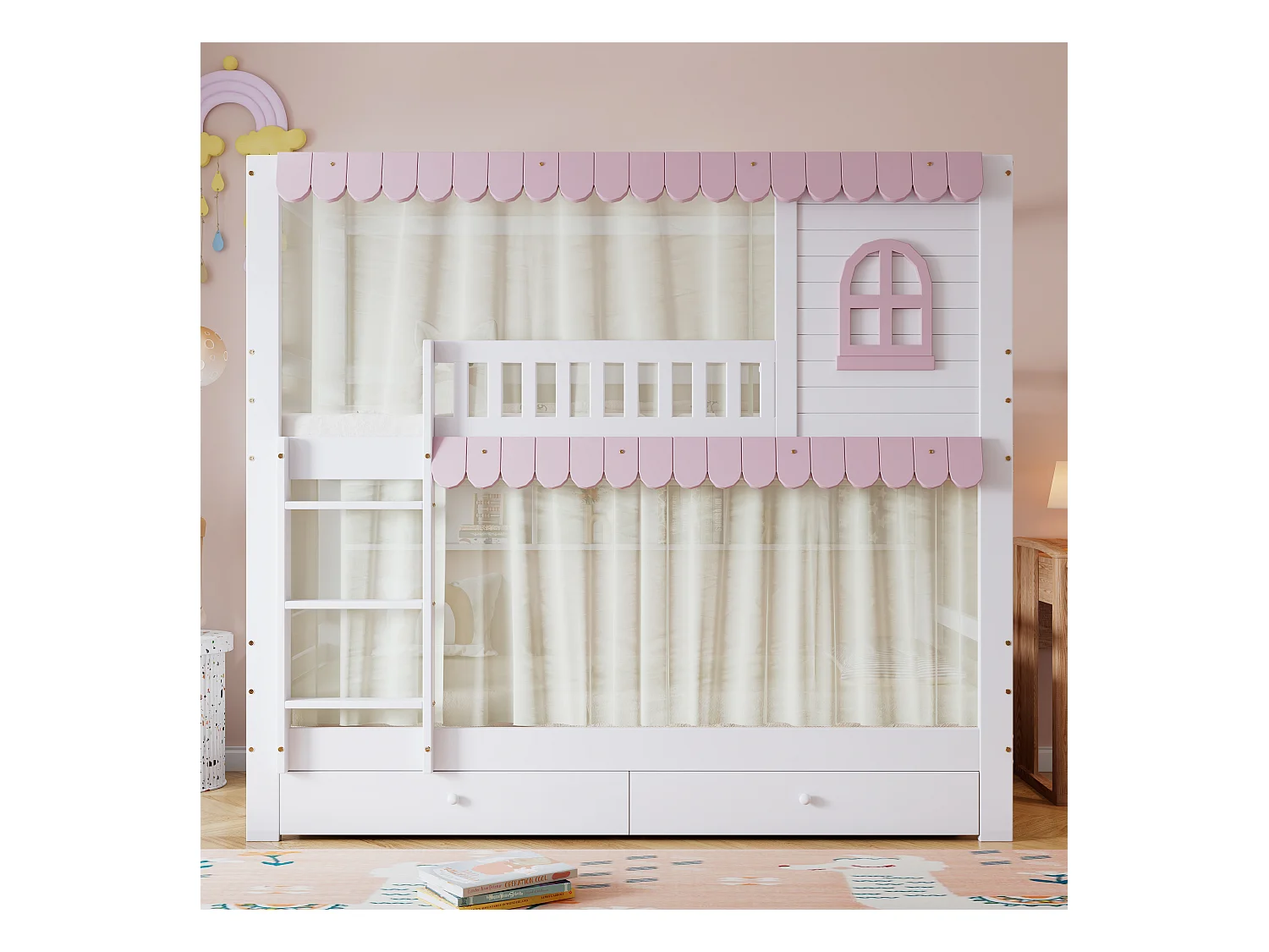 Lit superposé enfant, fenêtres, rideaux, porte de sécurité, étagère, garde-corps, 2 tiroirs sur roulettes, rangement, pin + MDF, blanc + rose, 90x200cm