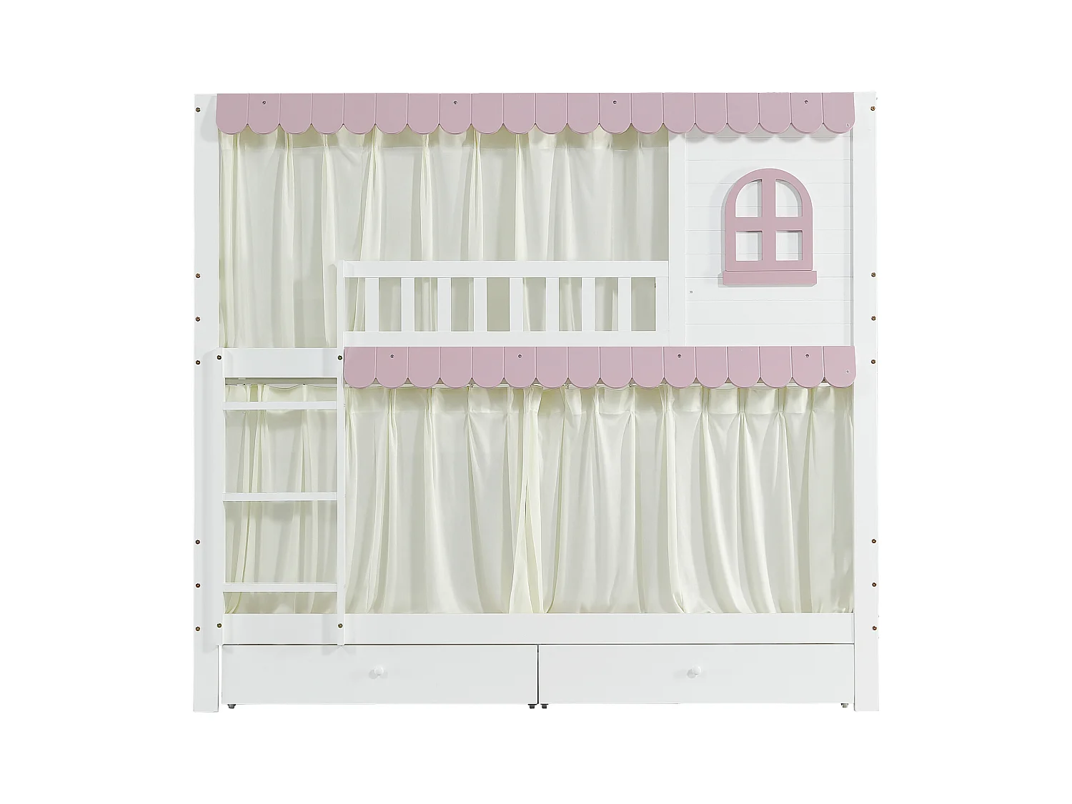 Lit superposé enfant, fenêtres, rideaux, porte de sécurité, étagère, garde-corps, 2 tiroirs sur roulettes, rangement, pin + MDF, blanc + rose, 90x200cm