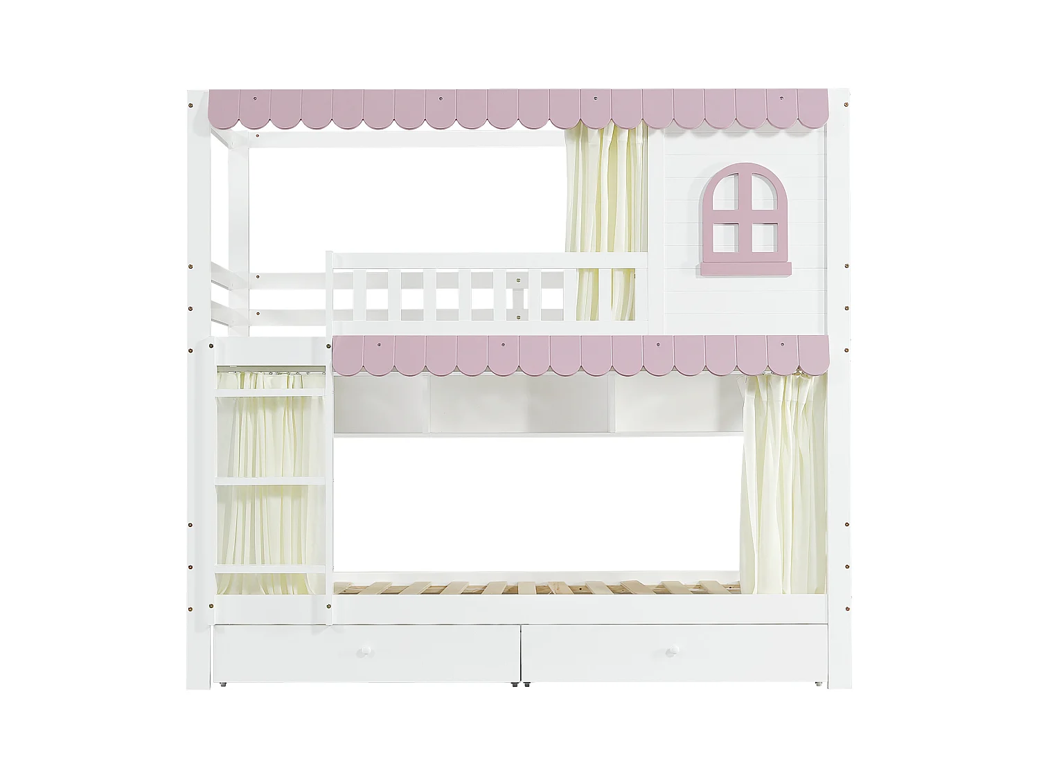 Lit superposé enfant, fenêtres, rideaux, porte de sécurité, étagère, garde-corps, 2 tiroirs sur roulettes, rangement, pin + MDF, blanc + rose, 90x200cm