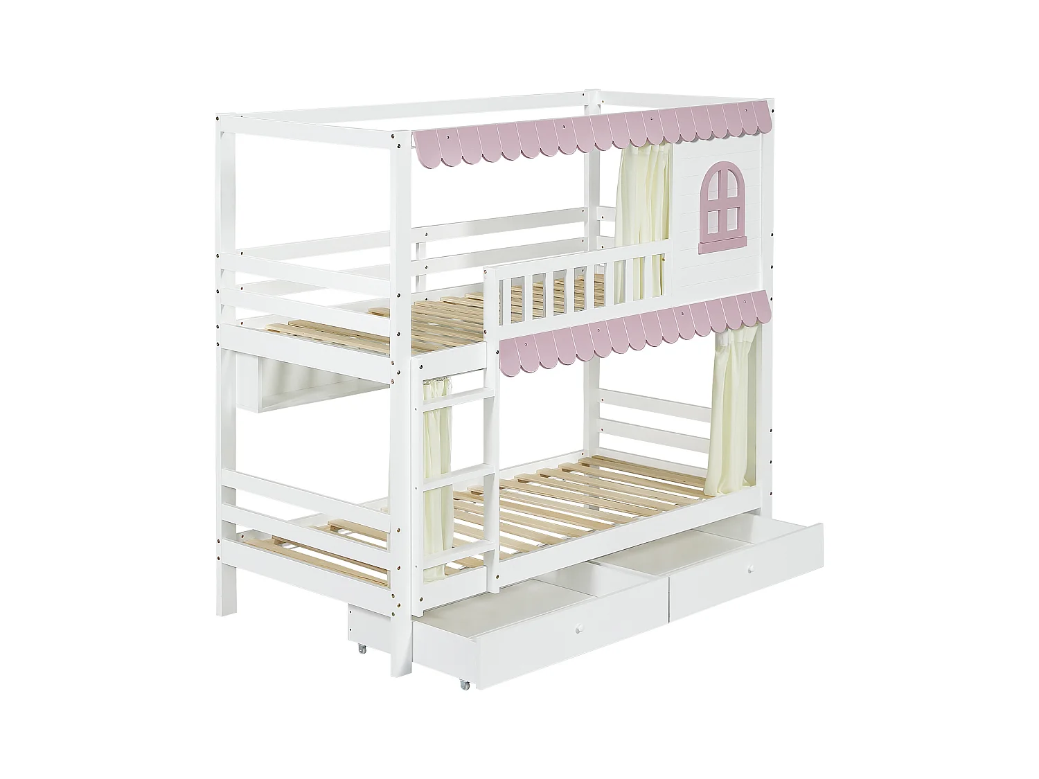 Lit superposé enfant, fenêtres, rideaux, porte de sécurité, étagère, garde-corps, 2 tiroirs sur roulettes, rangement, pin + MDF, blanc + rose, 90x200cm