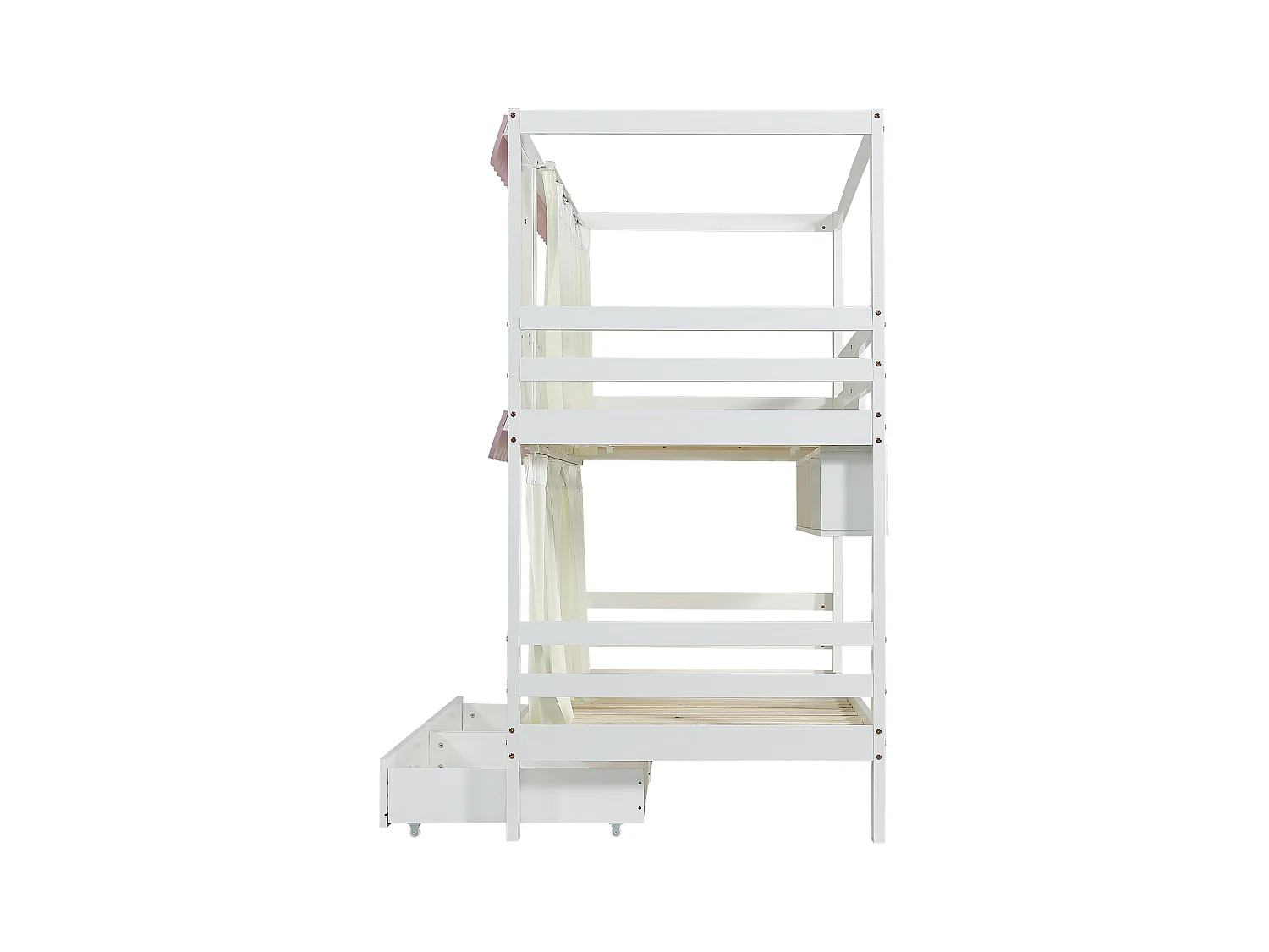 Lit superposé enfant, fenêtres, rideaux, porte de sécurité, étagère, garde-corps, 2 tiroirs sur roulettes, rangement, pin + MDF, blanc + rose, 90x200cm