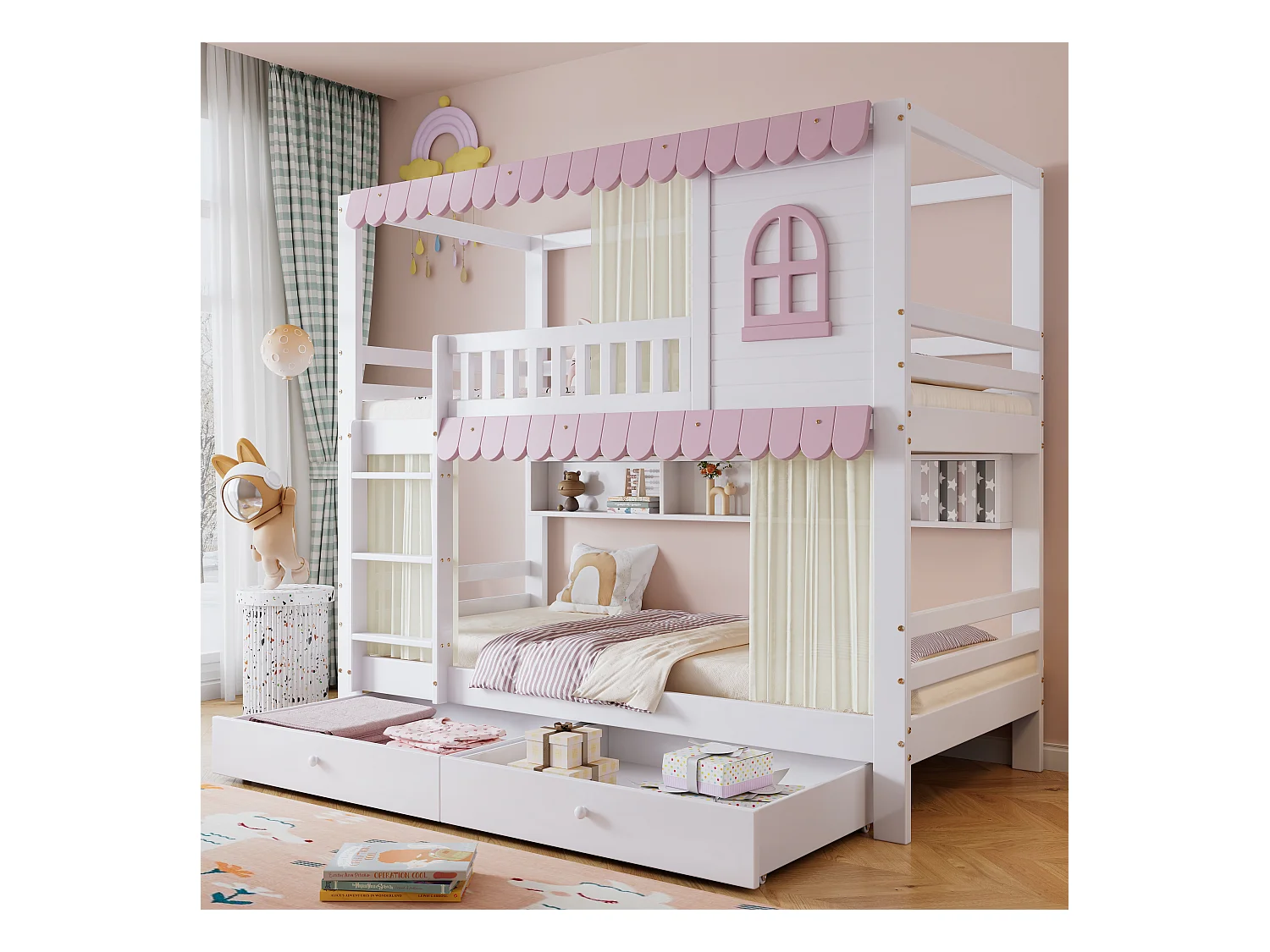 Lit superposé enfant, fenêtres, rideaux, porte de sécurité, étagère, garde-corps, 2 tiroirs sur roulettes, rangement, pin + MDF, blanc + rose, 90x200cm