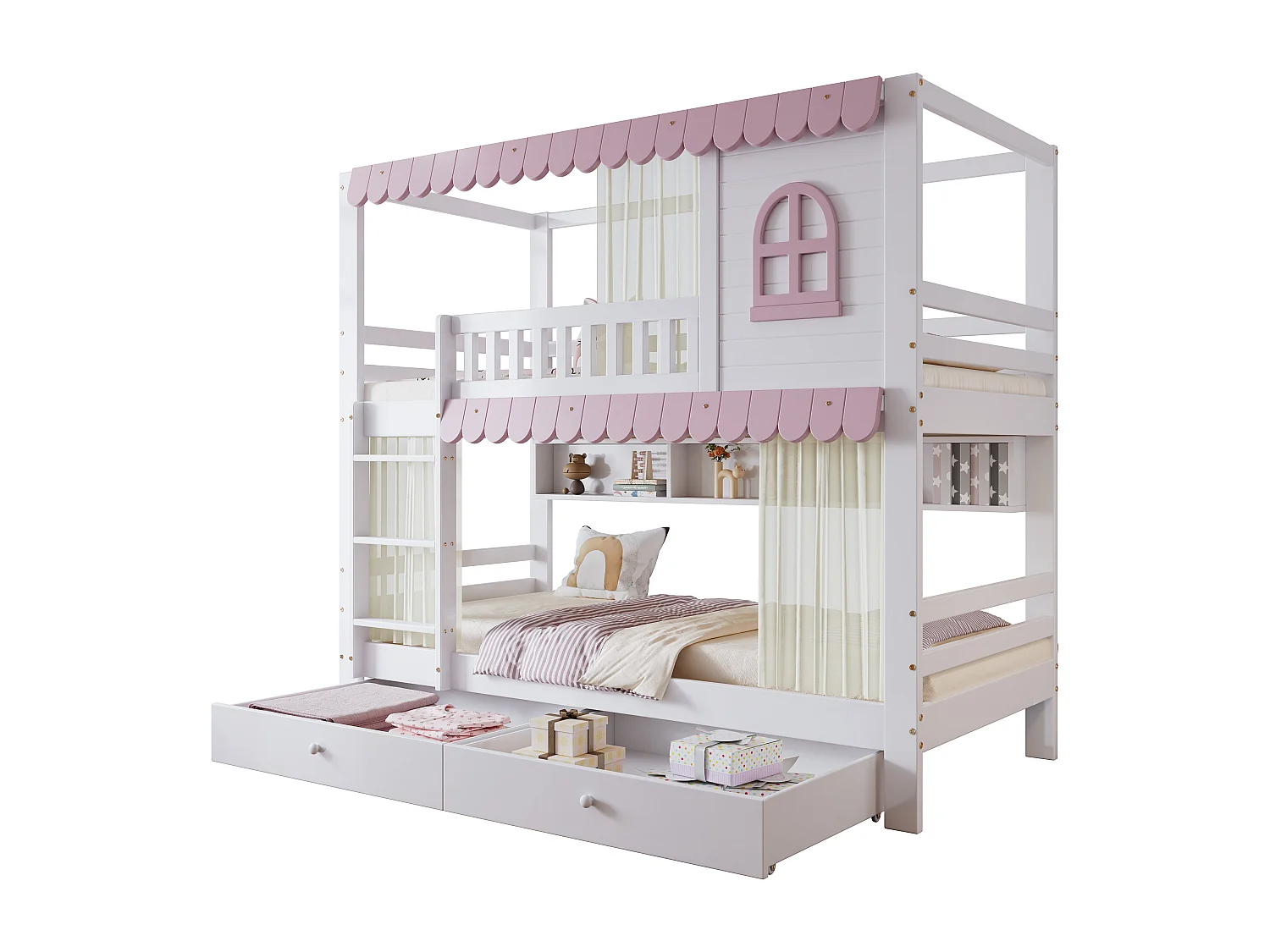 Lit superposé enfant, fenêtres, rideaux, porte de sécurité, étagère, garde-corps, 2 tiroirs sur roulettes, rangement, pin + MDF, blanc + rose, 90x200cm