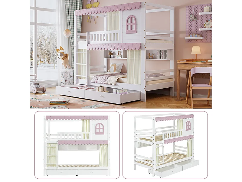 Lit superposé enfant, fenêtres, rideaux, porte de sécurité, étagère, garde-corps, 2 tiroirs sur roulettes, rangement, pin + MDF, blanc + rose, 90x200cm