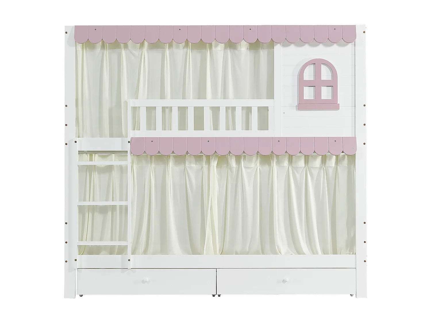Lit superposé enfant, fenêtres, rideaux, porte de sécurité, étagère, garde-corps, 2 tiroirs sur roulettes, rangement, pin + MDF, blanc + rose, 90x200cm