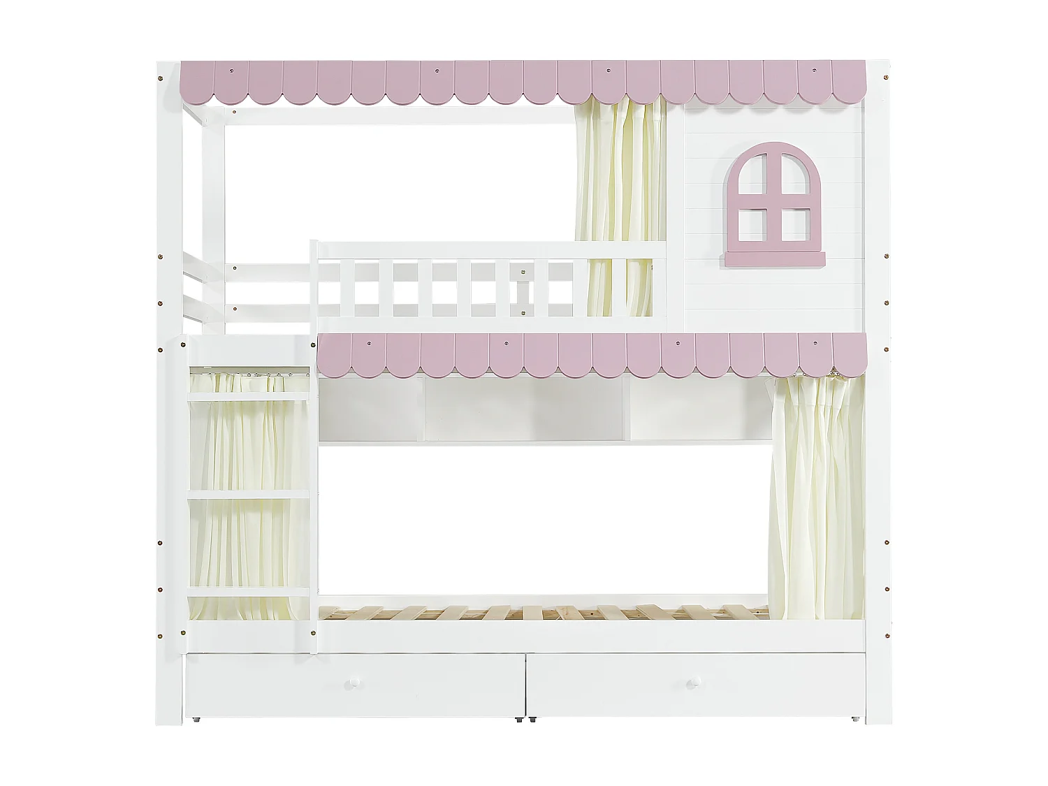 Lit superposé enfant, fenêtres, rideaux, porte de sécurité, étagère, garde-corps, 2 tiroirs sur roulettes, rangement, pin + MDF, blanc + rose, 90x200cm