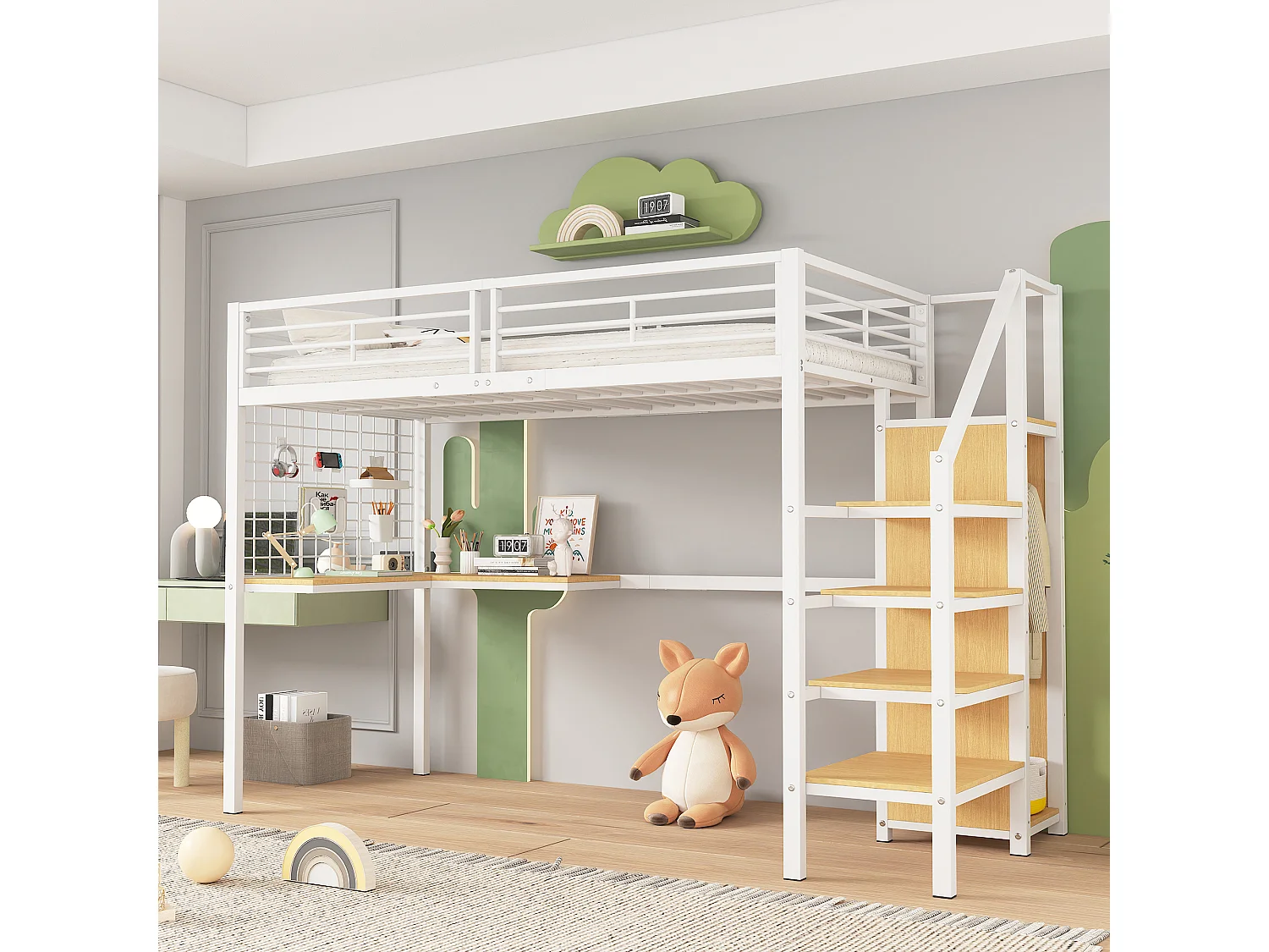 Letto a castello alto in ferro, per bambini/ragazzi, tavolo, armadio, scaletta laterale, corrimano, ferro+truciolato, bianco+naturale, 90x200cm