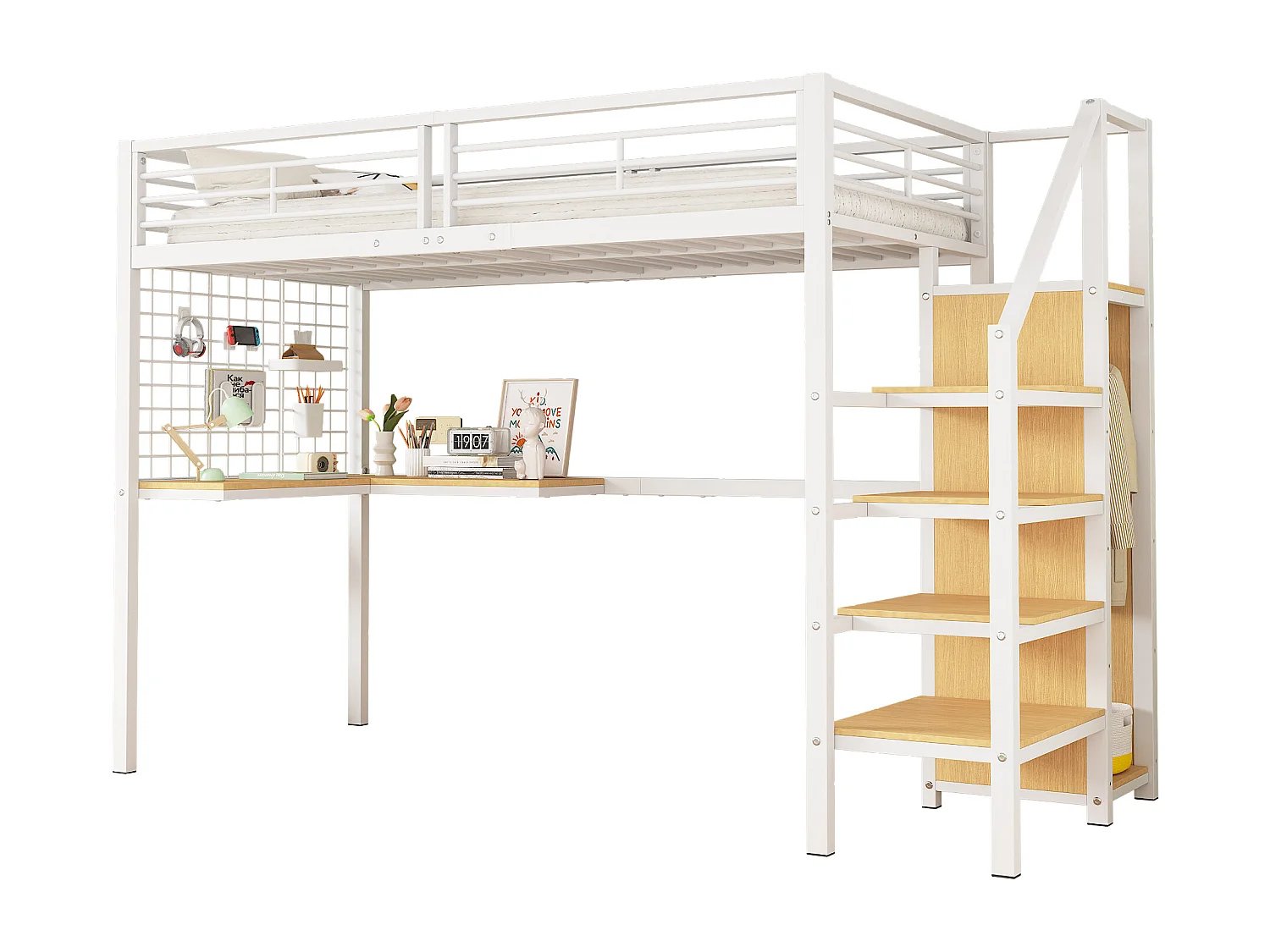 Letto a castello alto in ferro, per bambini/ragazzi, tavolo, armadio, scaletta laterale, corrimano, ferro+truciolato, bianco+naturale, 90x200cm