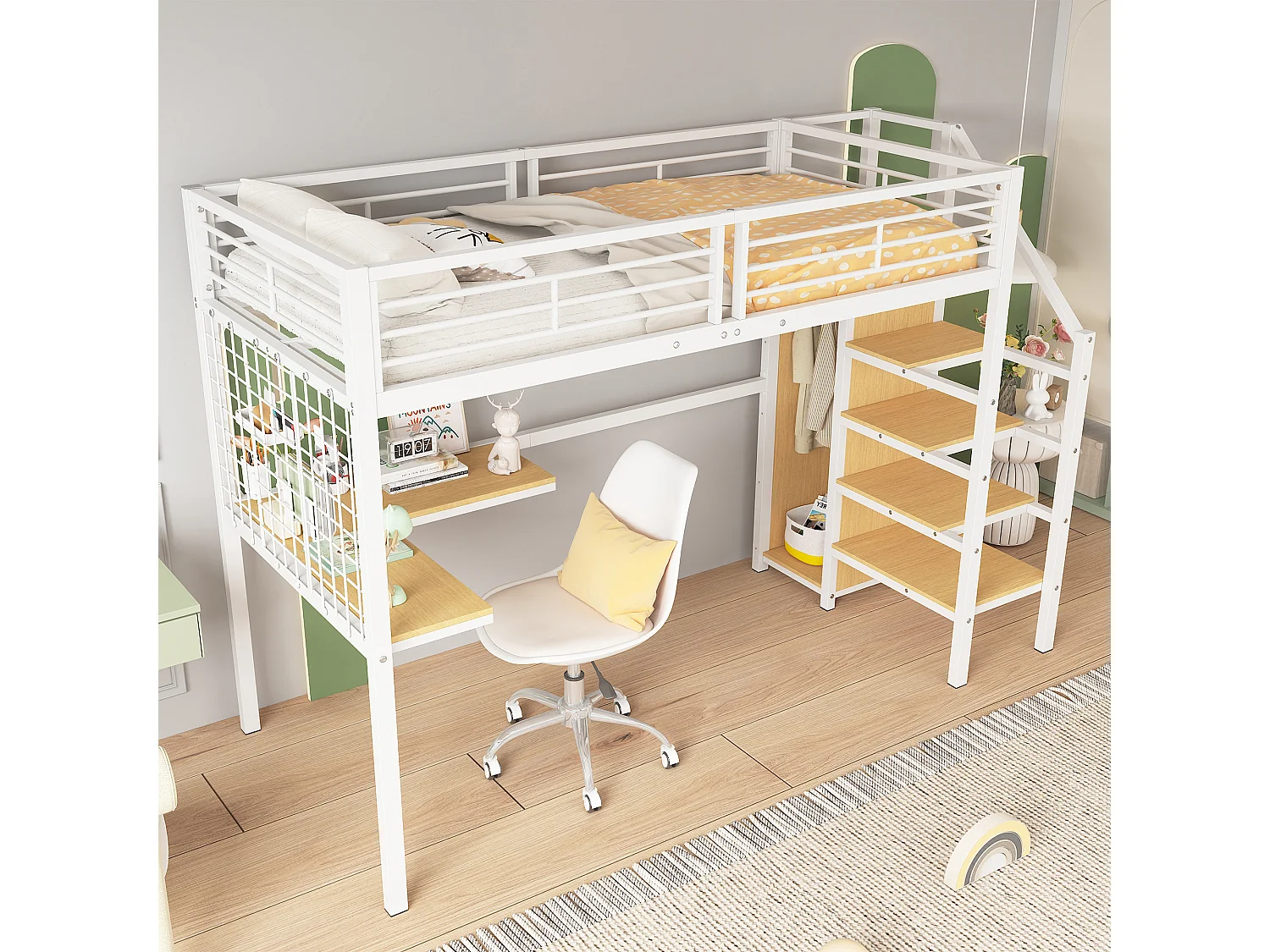 Letto a castello alto in ferro, per bambini/ragazzi, tavolo, armadio, scaletta laterale, corrimano, ferro+truciolato, bianco+naturale, 90x200cm