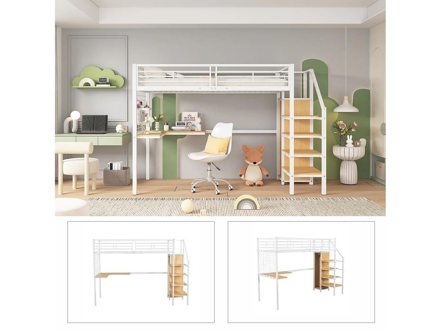 Letto a castello alto in ferro, per bambini/ragazzi, tavolo, armadio, scaletta laterale, corrimano, ferro+truciolato, bianco+naturale, 90x200cm