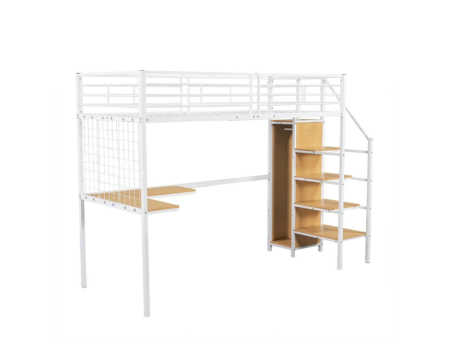 Letto a castello alto in ferro, per bambini/ragazzi, tavolo, armadio, scaletta laterale, corrimano, ferro+truciolato, bianco+naturale, 90x200cm