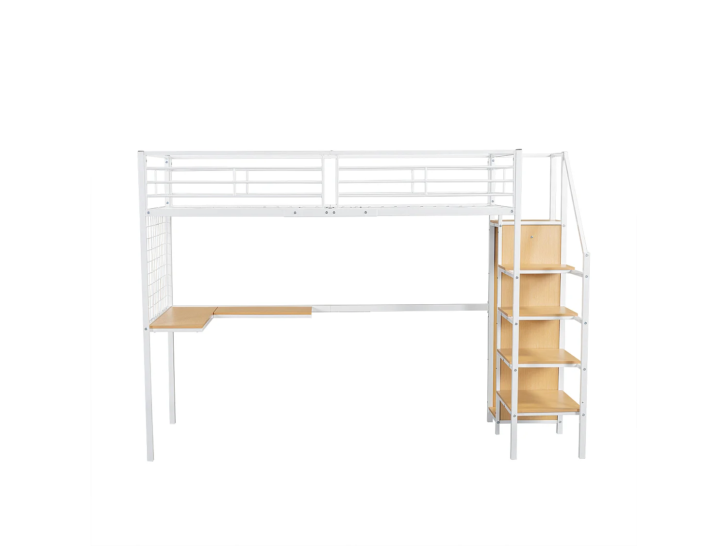 Letto a castello alto in ferro, per bambini/ragazzi, tavolo, armadio, scaletta laterale, corrimano, ferro+truciolato, bianco+naturale, 90x200cm