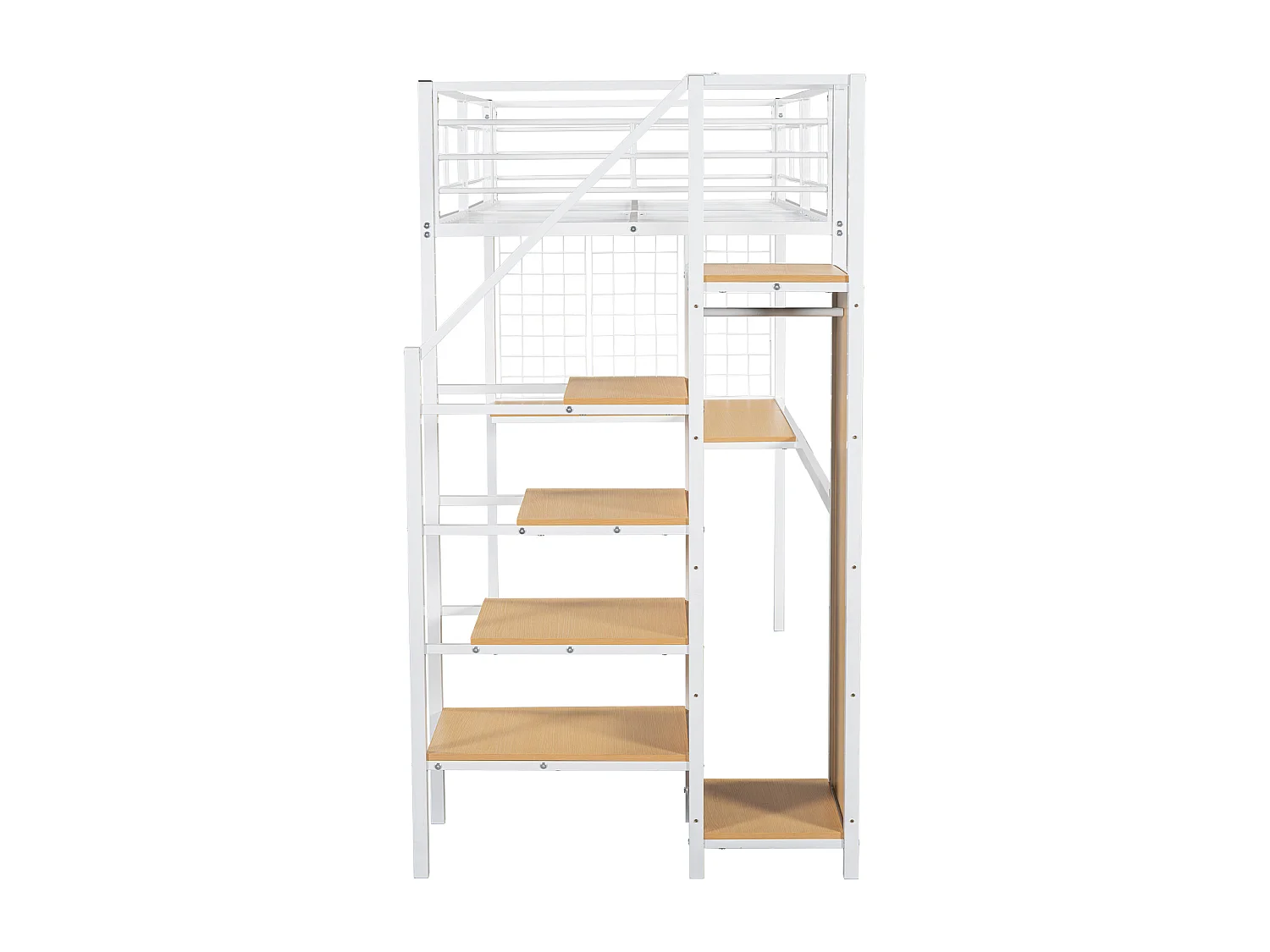 Letto a castello alto in ferro, per bambini/ragazzi, tavolo, armadio, scaletta laterale, corrimano, ferro+truciolato, bianco+naturale, 90x200cm