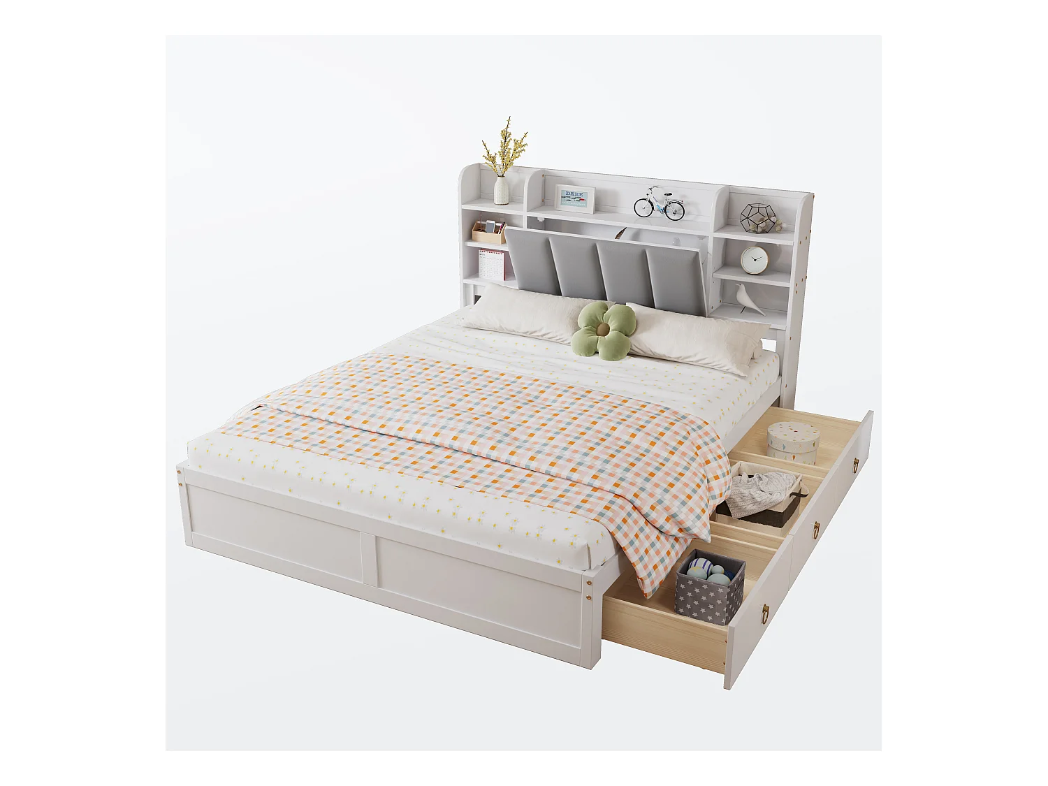 Lit double, étagère, 3 tiroirs, roulettes, poignées métal, rangement porte pliante, pin+MDF+velours, blanc+gris, 160x200cm