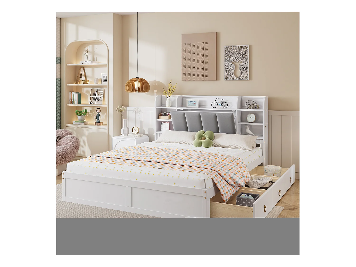 Lit double, étagère, 3 tiroirs, roulettes, poignées métal, rangement porte pliante, pin+MDF+velours, blanc+gris, 160x200cm