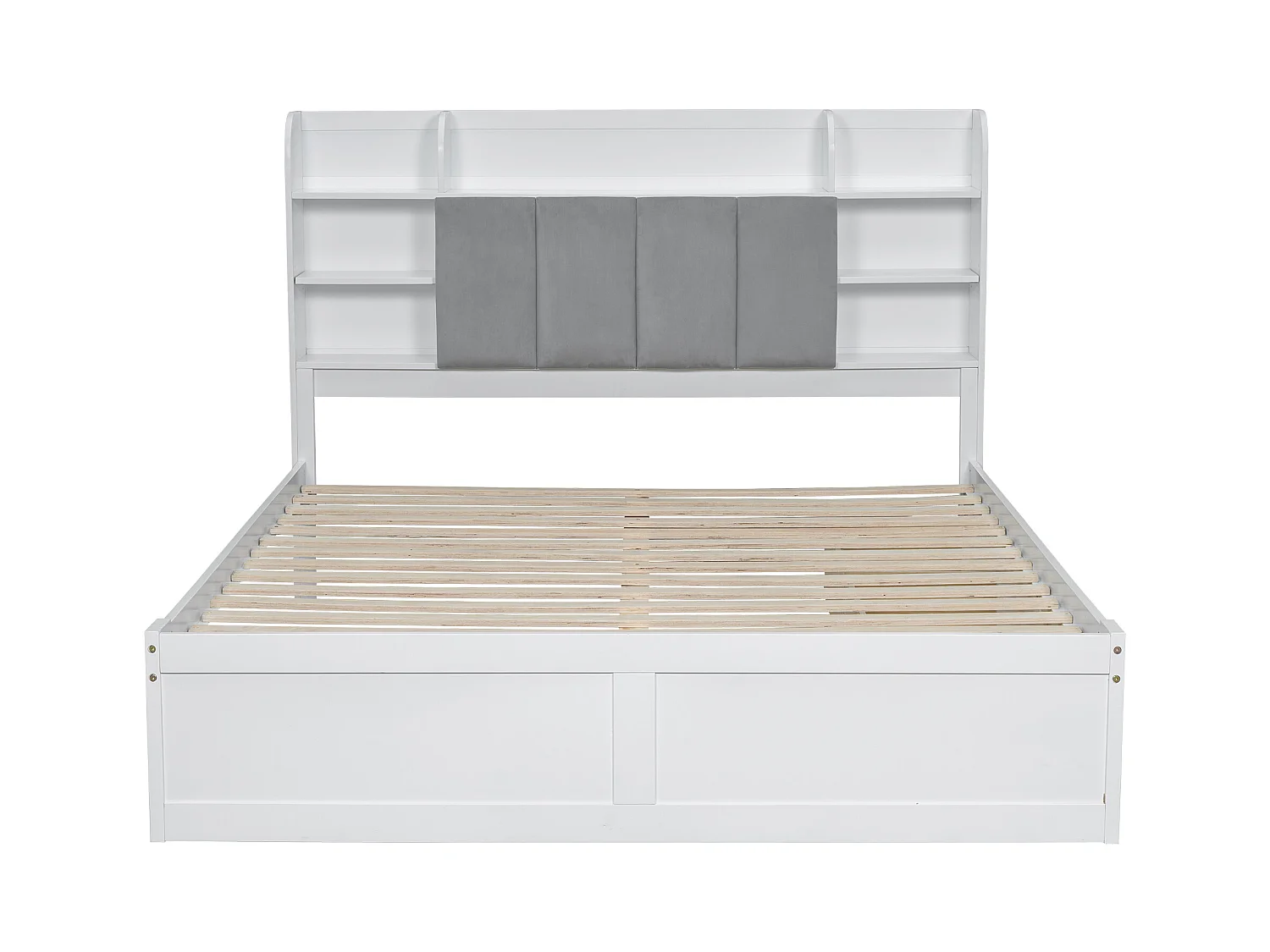 Lit double, étagère, 3 tiroirs, roulettes, poignées métal, rangement porte pliante, pin+MDF+velours, blanc+gris, 160x200cm