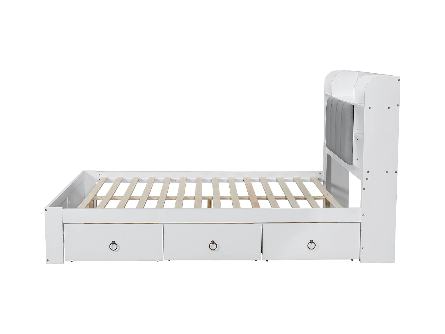 Lit double, étagère, 3 tiroirs, roulettes, poignées métal, rangement porte pliante, pin+MDF+velours, blanc+gris, 160x200cm