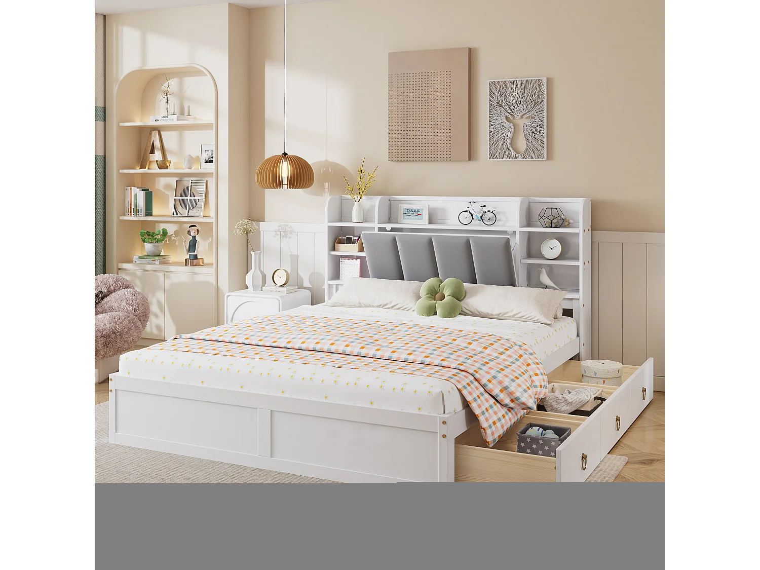 Lit double, étagère, 3 tiroirs, roulettes, poignées métal, rangement porte pliante, pin+MDF+velours, blanc+gris, 160x200cm