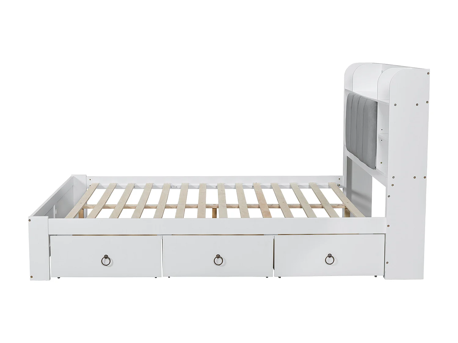 Lit double, étagère, 3 tiroirs, roulettes, poignées métal, rangement porte pliante, pin+MDF+velours, blanc+gris, 160x200cm