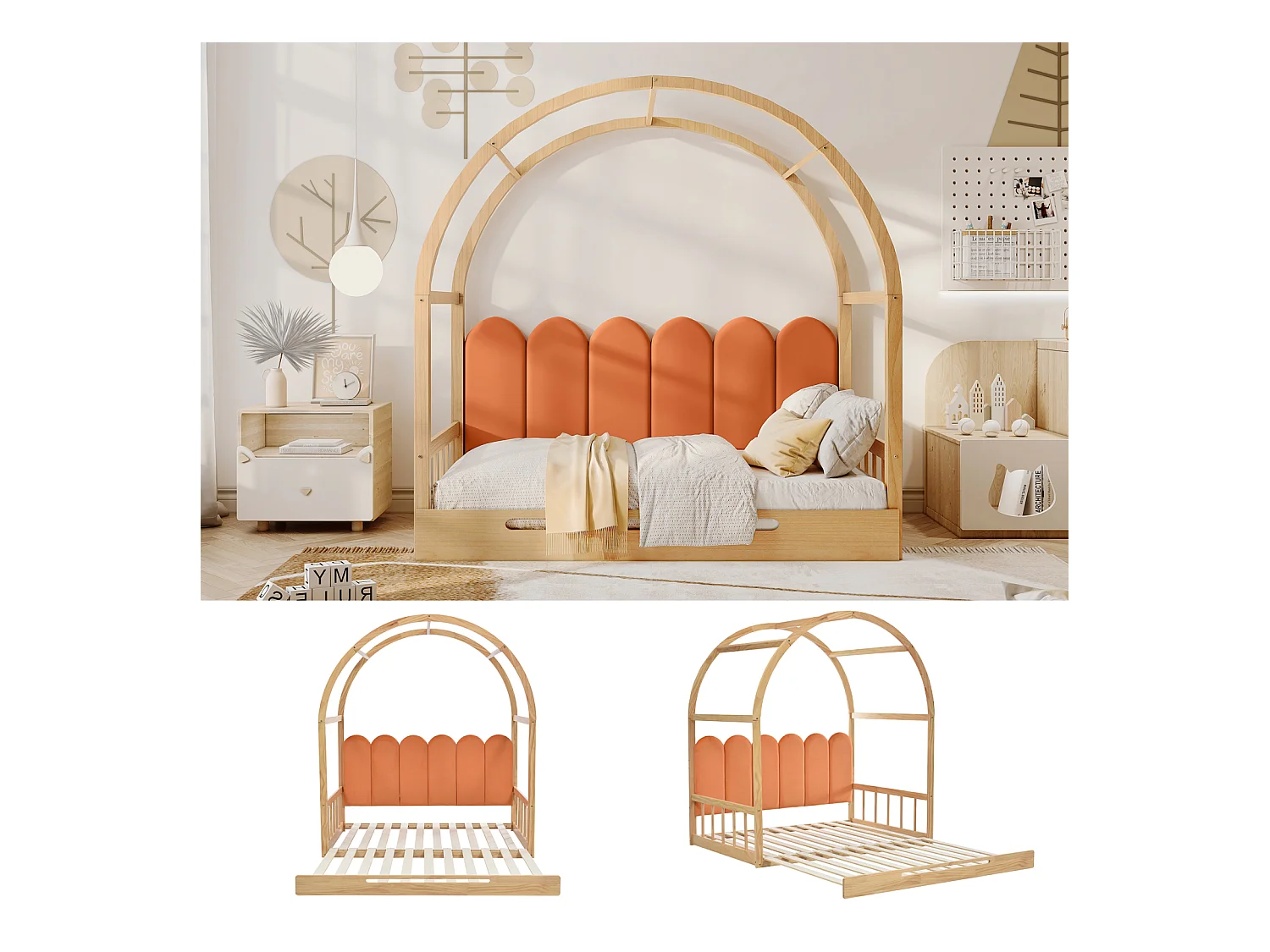 Lit mezzanine extensible, coulissant, enfant, canapé-lit, double, coussins en velours, pin, naturel + orange, 140x100/200cm