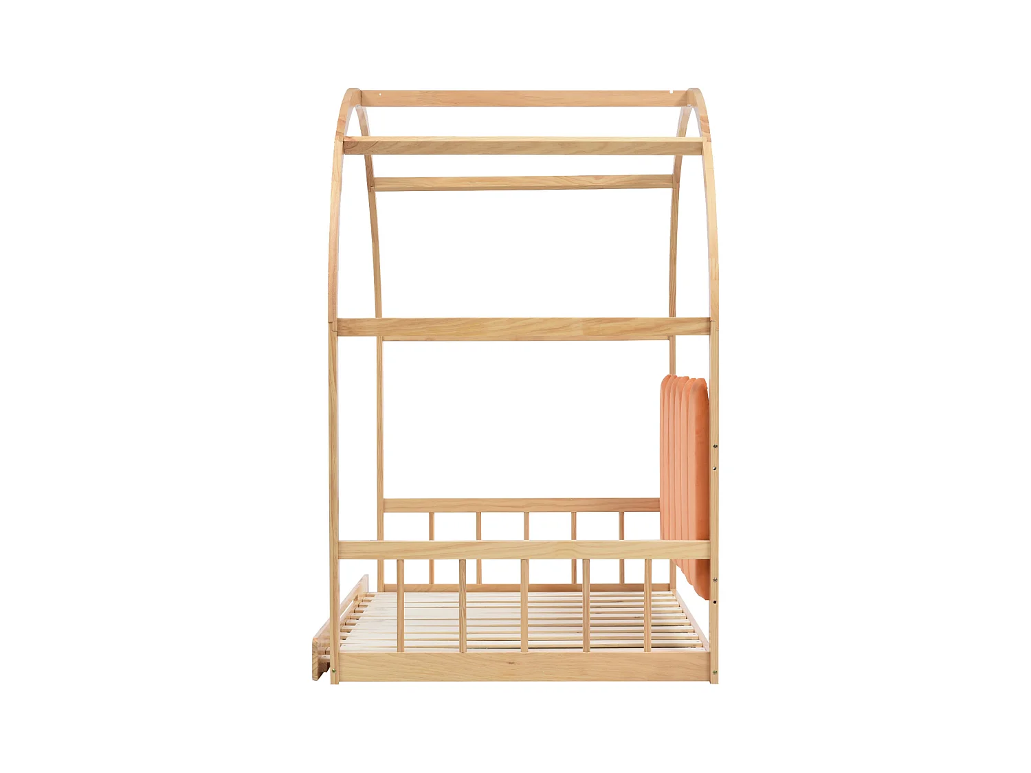Lit mezzanine extensible, coulissant, enfant, canapé-lit, double, coussins en velours, pin, naturel + orange, 140x100/200cm