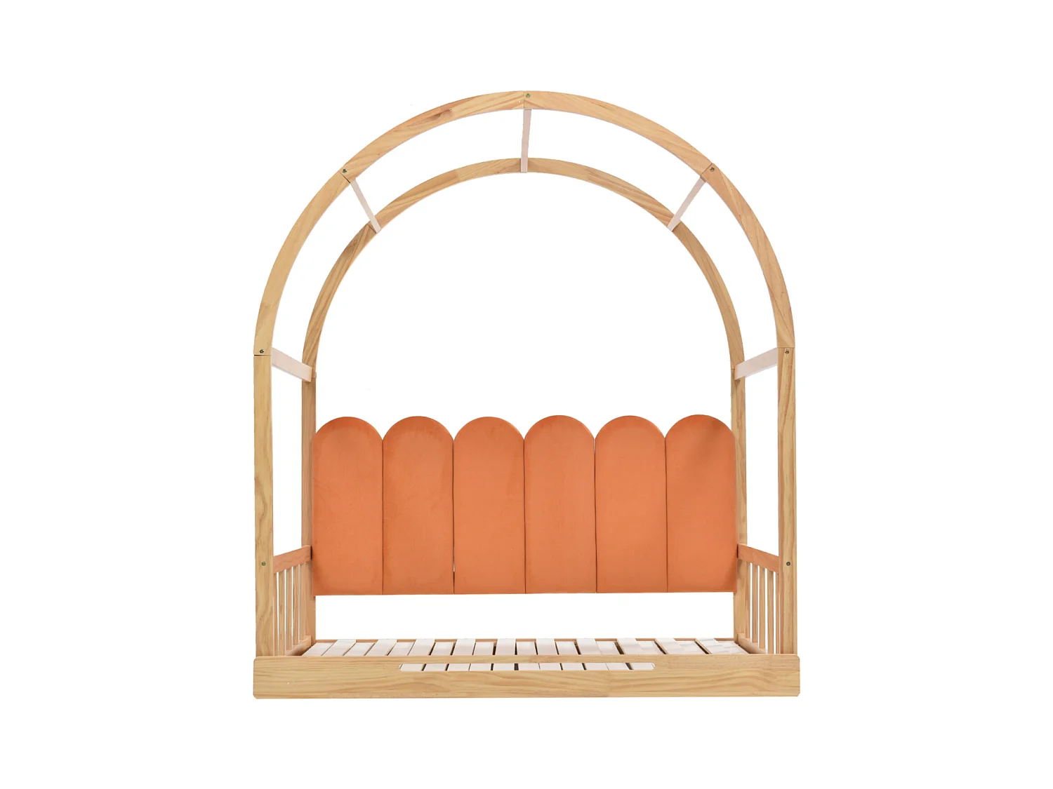 Lit mezzanine extensible, coulissant, enfant, canapé-lit, double, coussins en velours, pin, naturel + orange, 140x100/200cm