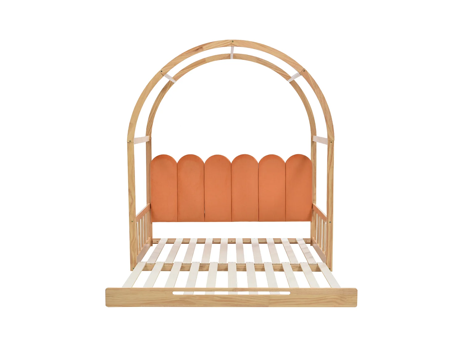 Lit mezzanine extensible, coulissant, enfant, canapé-lit, double, coussins en velours, pin, naturel + orange, 140x100/200cm