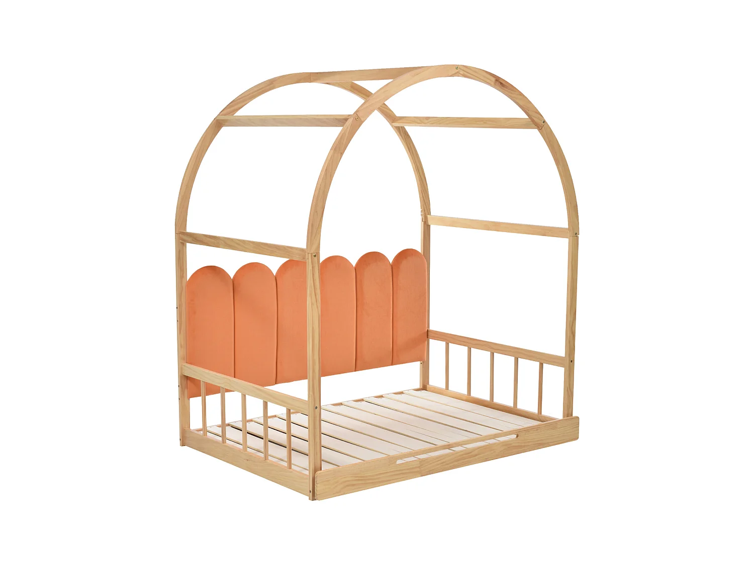 Lit mezzanine extensible, coulissant, enfant, canapé-lit, double, coussins en velours, pin, naturel + orange, 140x100/200cm