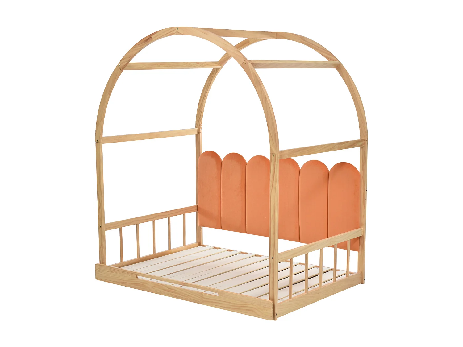 Uitschuifbare hoogslaper, kinderbed, slaapbank, tweepersoonsbed, fluwelen kussens, grenen, naturel + oranje, 140x100/200cm