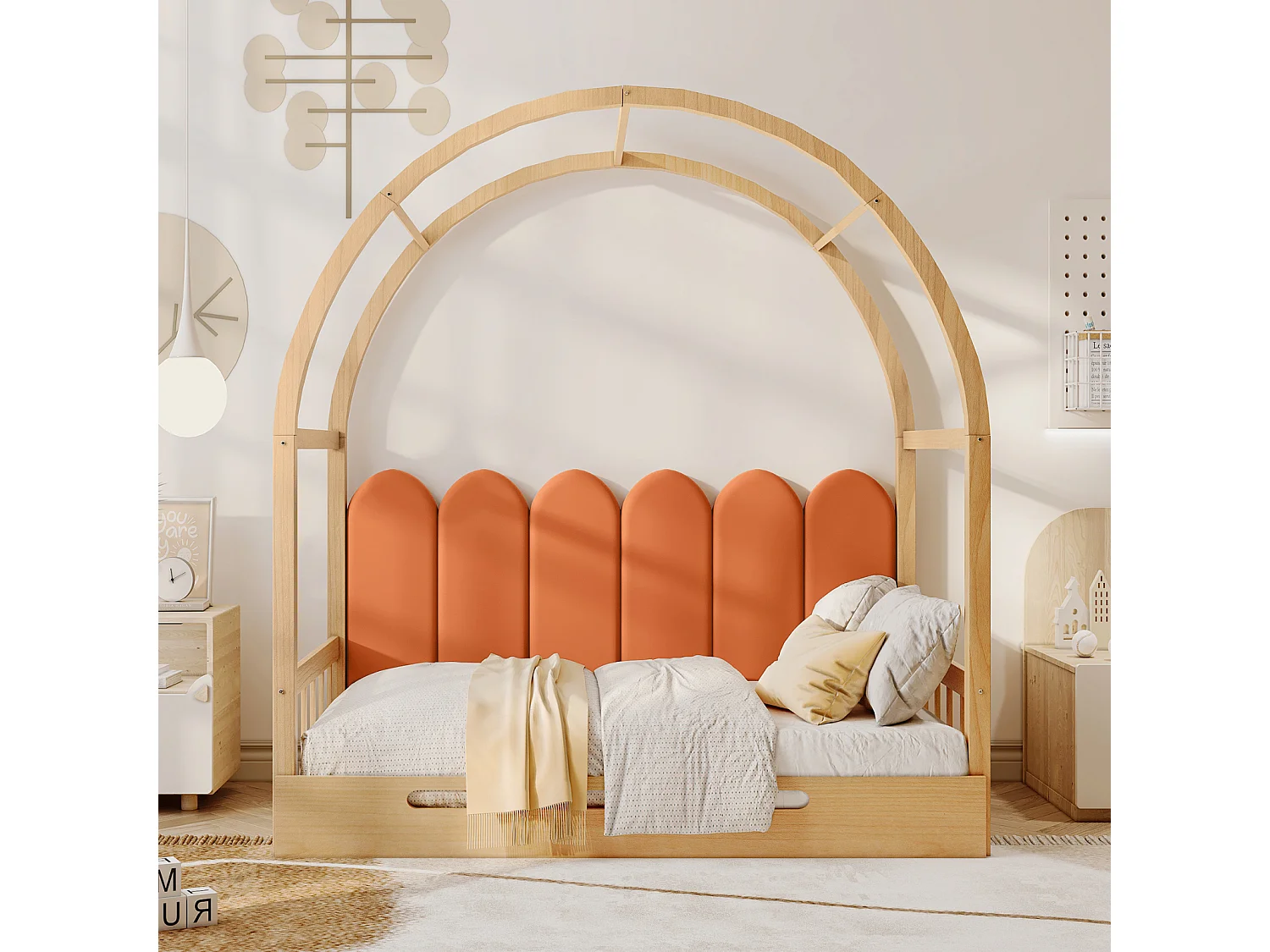 Uitschuifbare hoogslaper, kinderbed, slaapbank, tweepersoonsbed, fluwelen kussens, grenen, naturel + oranje, 140x100/200cm