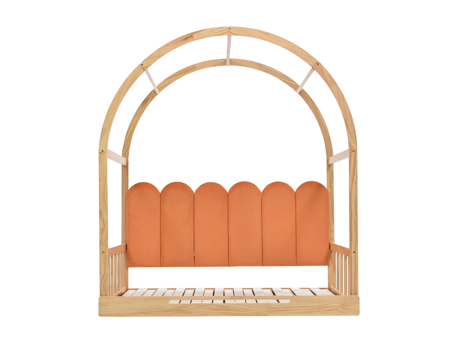 Uitschuifbare hoogslaper, kinderbed, slaapbank, tweepersoonsbed, fluwelen kussens, grenen, naturel + oranje, 140x100/200cm